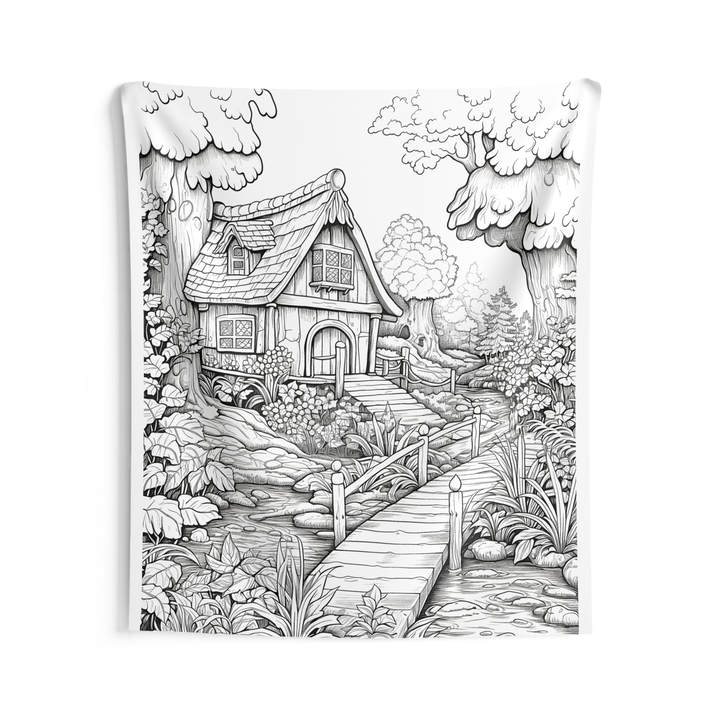 Indoor Wall Tapestries Coloring Kit with 10 Fabric Markers - Fairy Tale Cottage