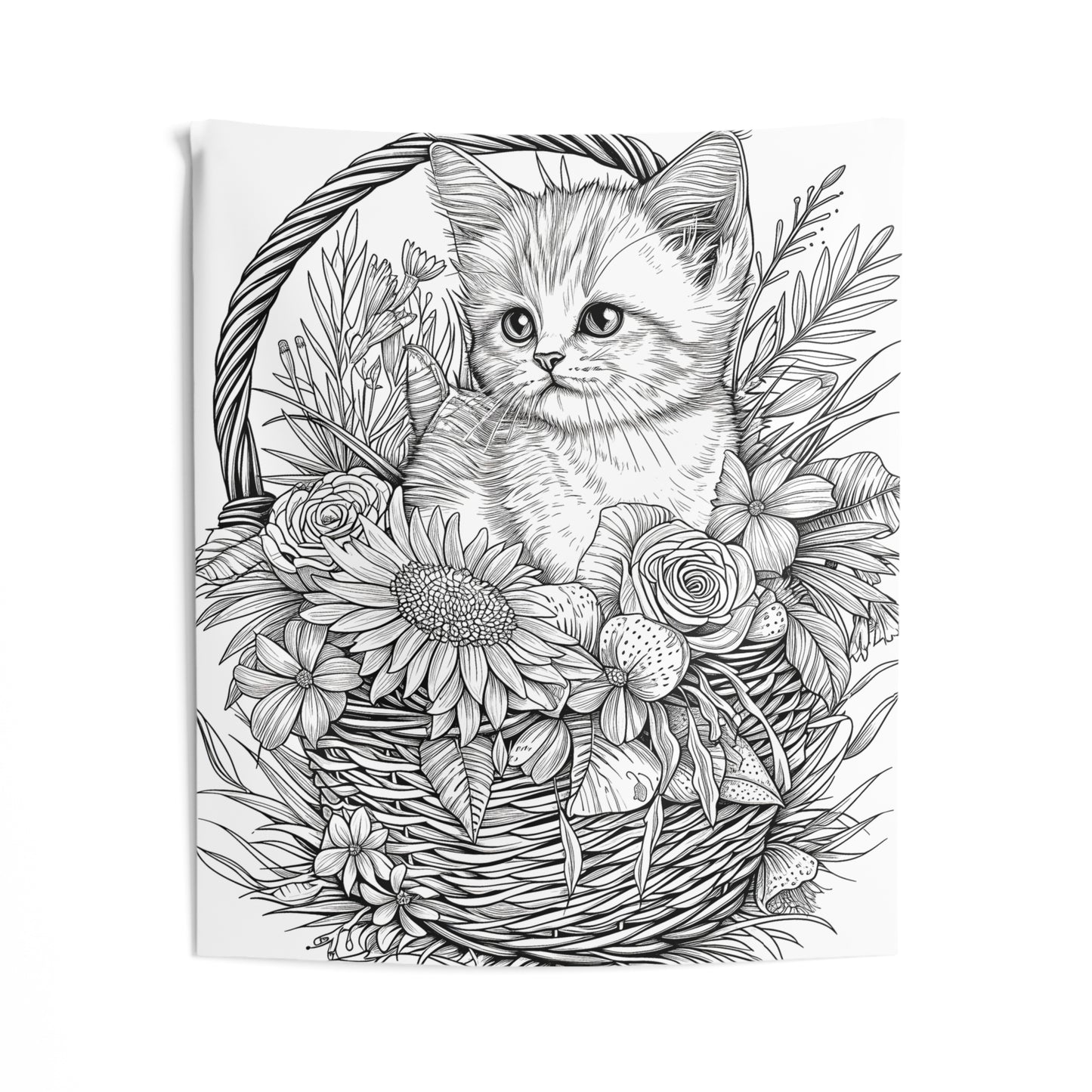 Indoor Wall Tapestries Coloring Kit with 10 Fabric Markers - Cat in Flower Basket