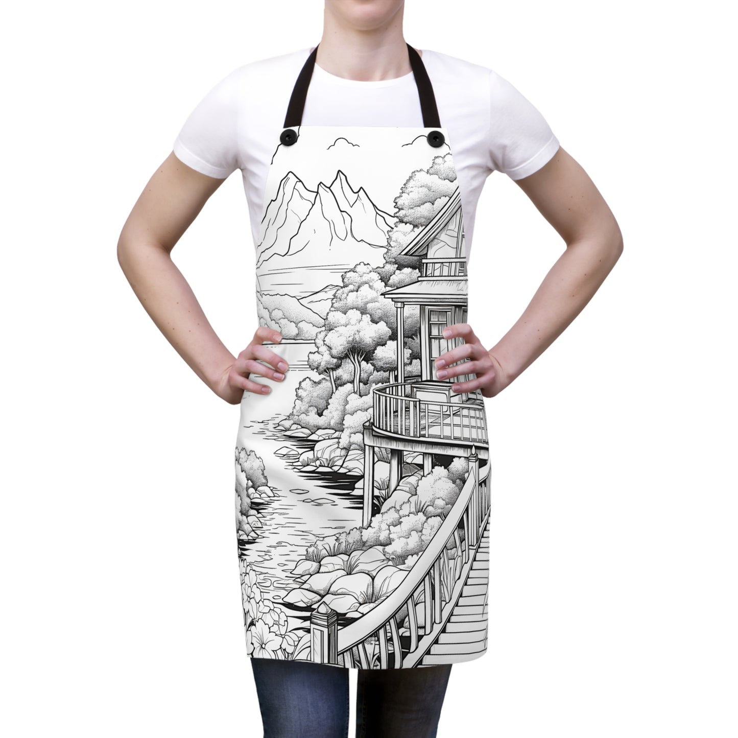 Apron Coloring Kit with 10 Fabric Markers - Mountain Landscape with House