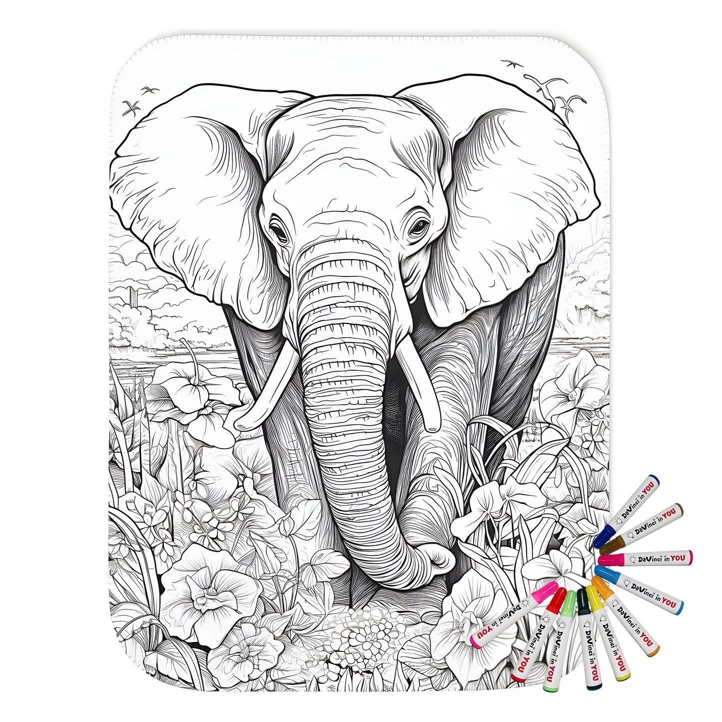 Detailed elephant coloring page blanket with nature scene, surrounded by flowers and trees with birds in background. Soft fabric markers included.