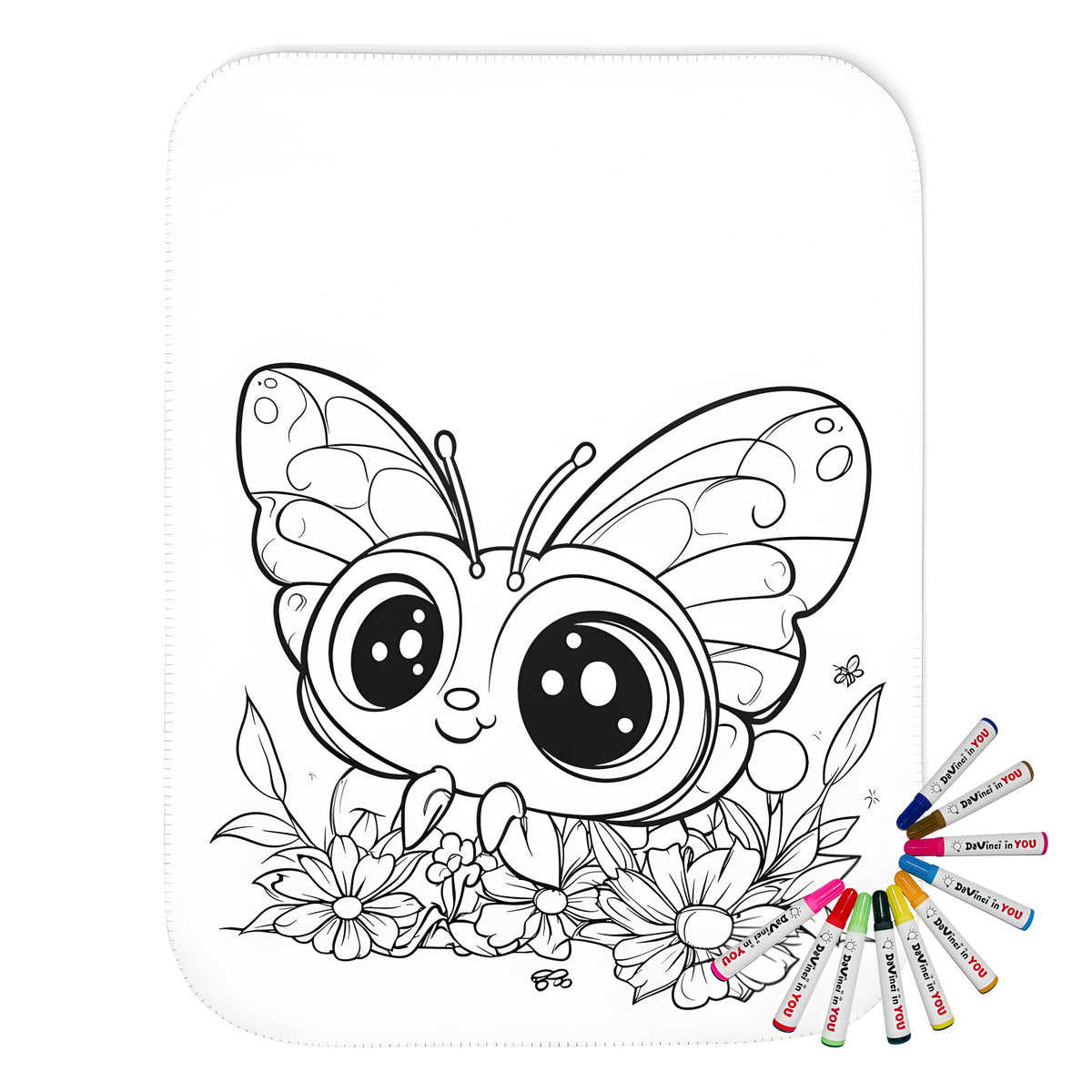 Blanket coloring kit with adorable cartoon butterfly design, vibrant fabric markers, and colorful flowers on a soft blanket