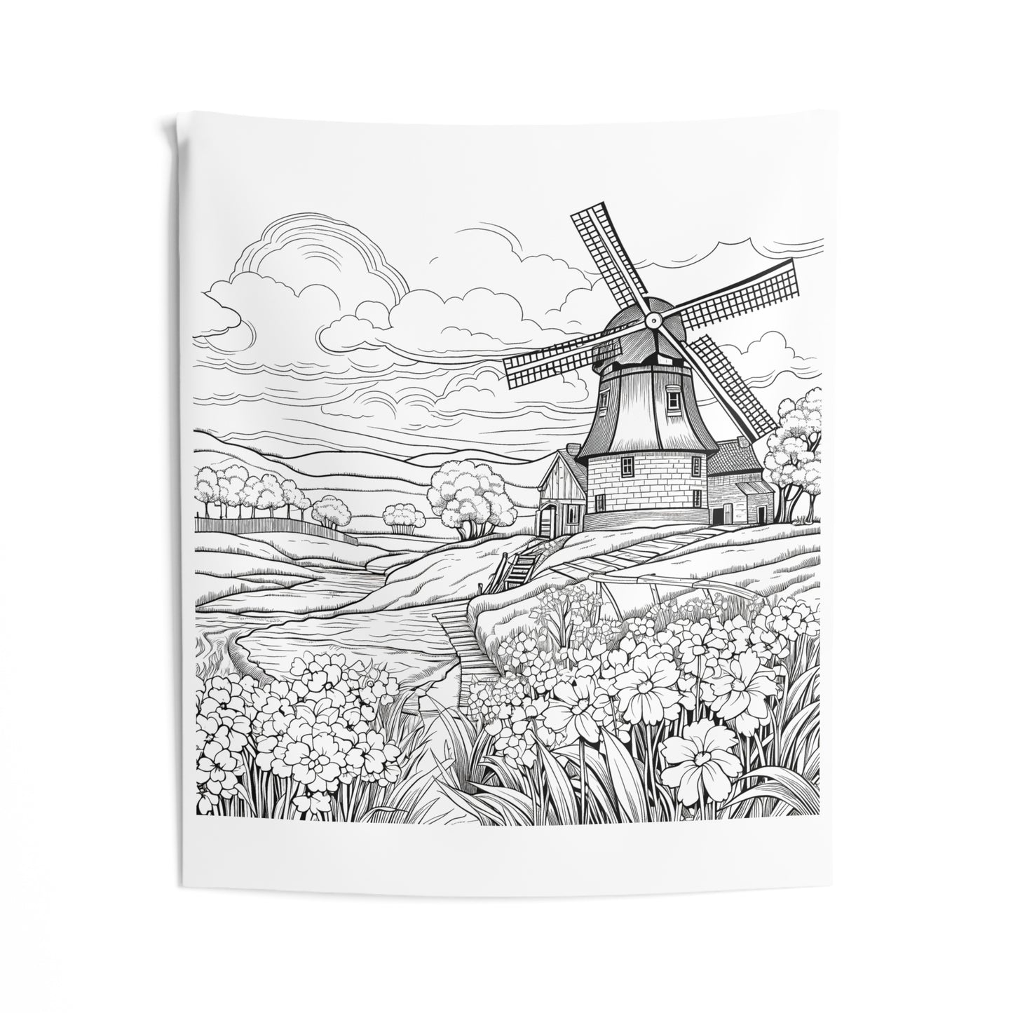 Indoor Wall Tapestries Coloring Kit with 10 Fabric Markers - Windmill Landscape