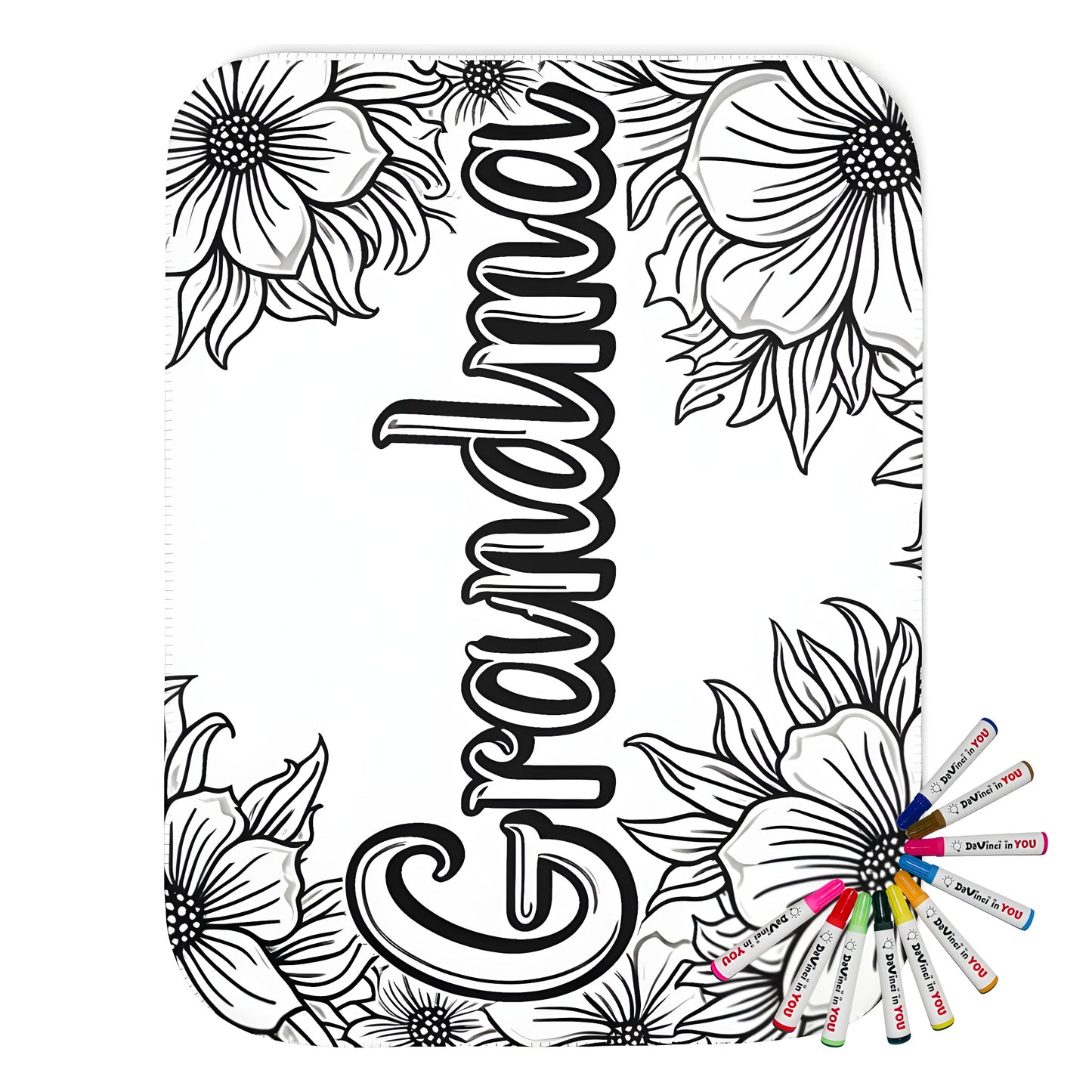 Blanket coloring kit with Grandma-inspired fabric markers and black floral design