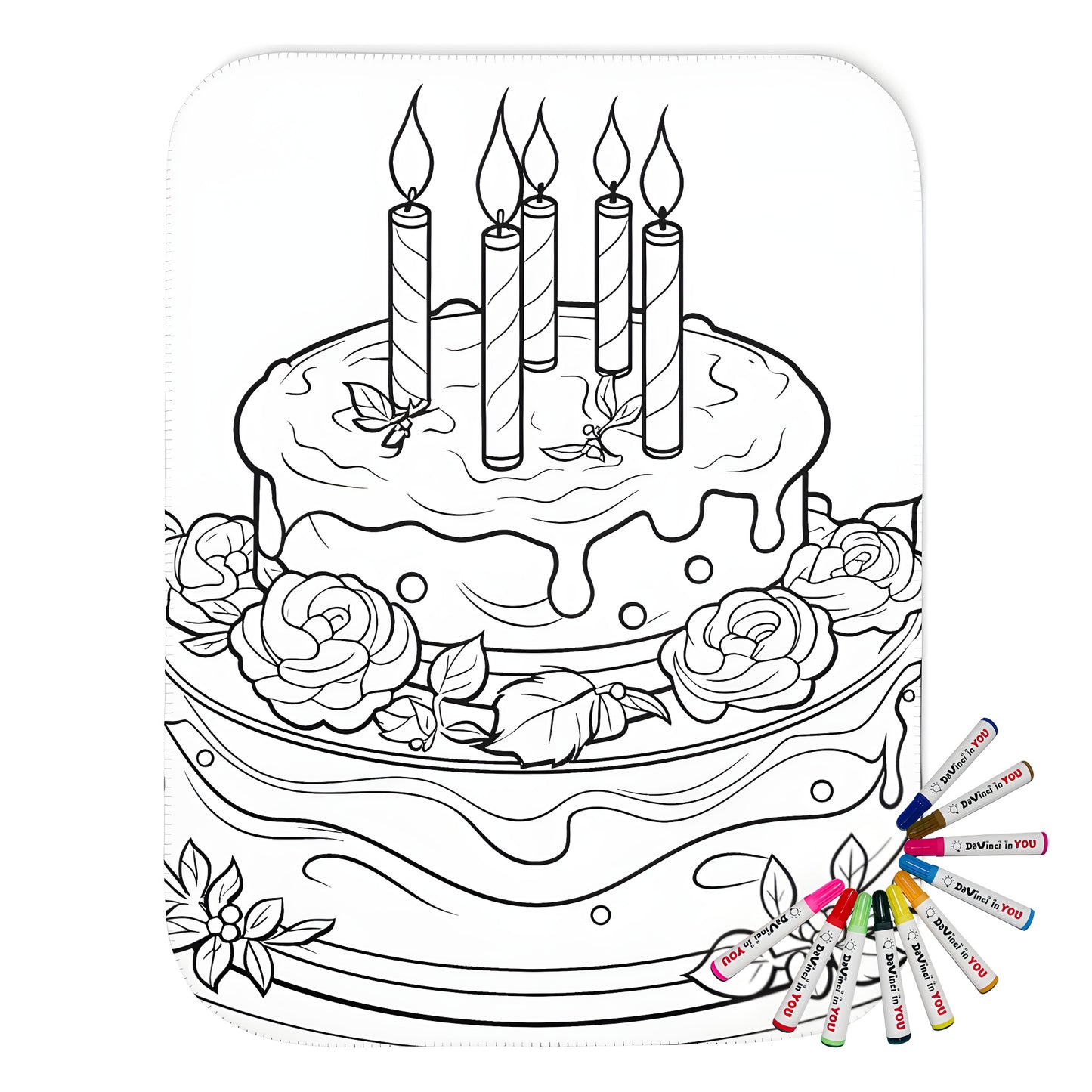 Cozy blanket featuring a detailed birthday cake with candles and roses design for adult coloring pages