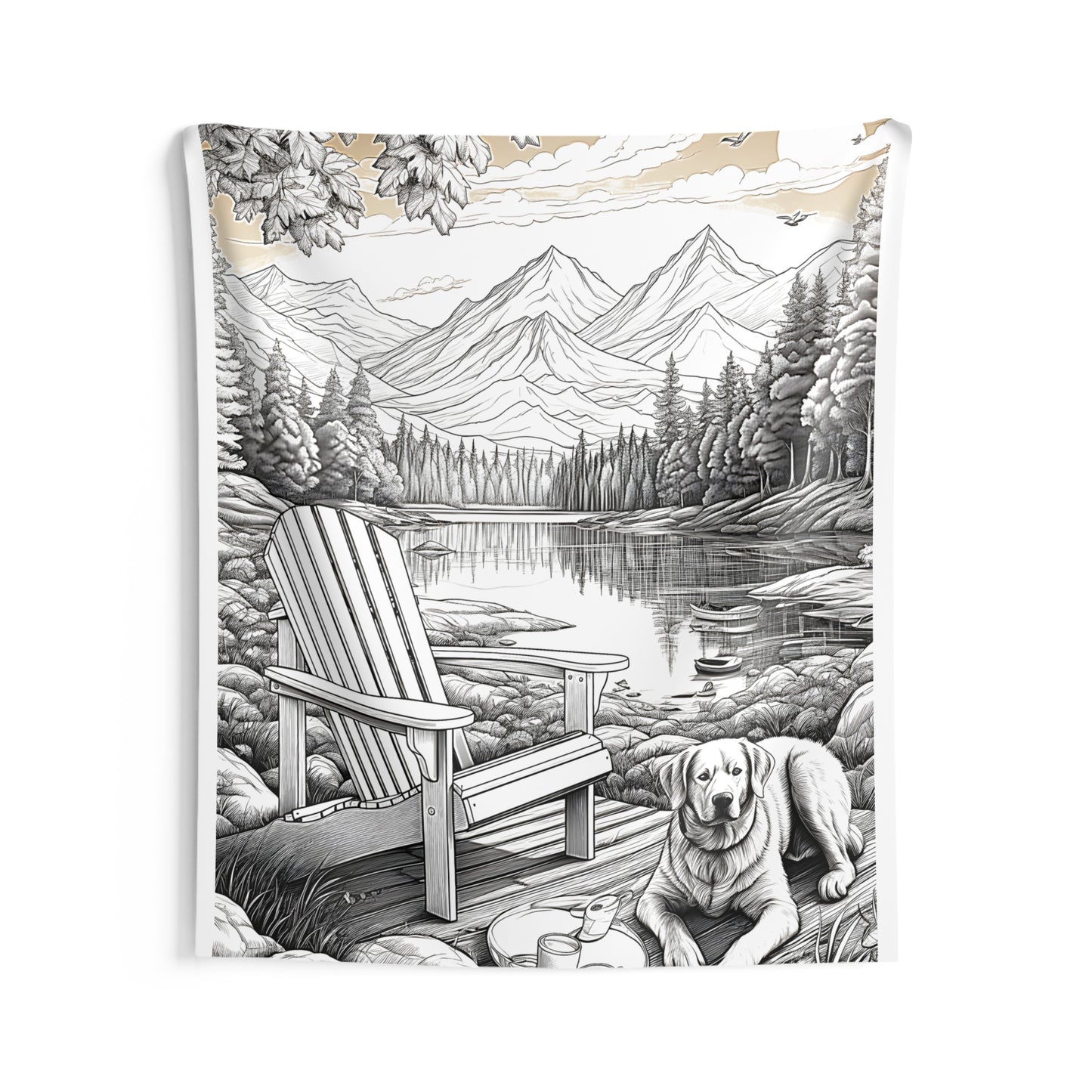 Indoor Wall Tapestries Coloring Kit with 10 Fabric Markers - Mountain Lake with Dog