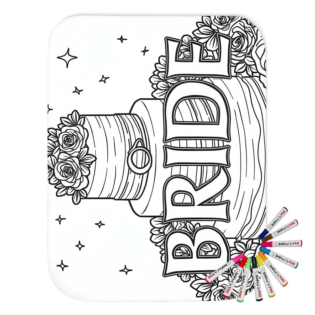 Blanket with whimsical coloring page-inspired design featuring bride cake, floral decorations and stars