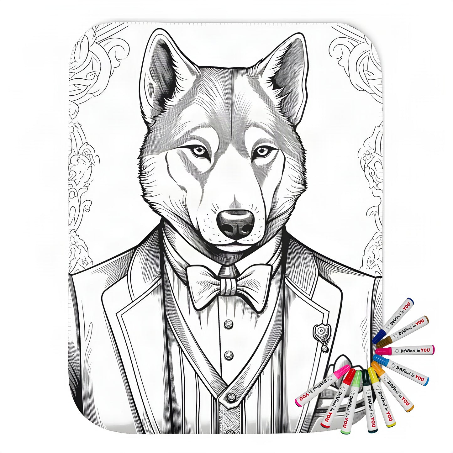 Coloring kit blanket with intricately detailed black-and-white wolf illustration design, featuring an anthropomorphic wolf dressed in formal attire with bow tie