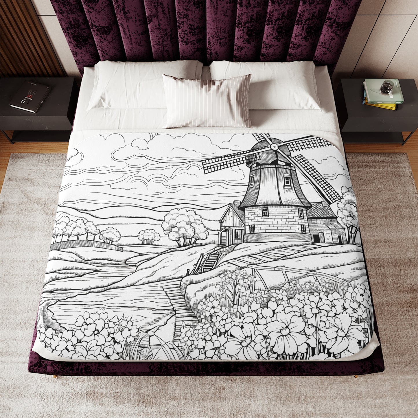 Blanket Coloring Kit with 10 Fabric Markers - Windmill Landscape