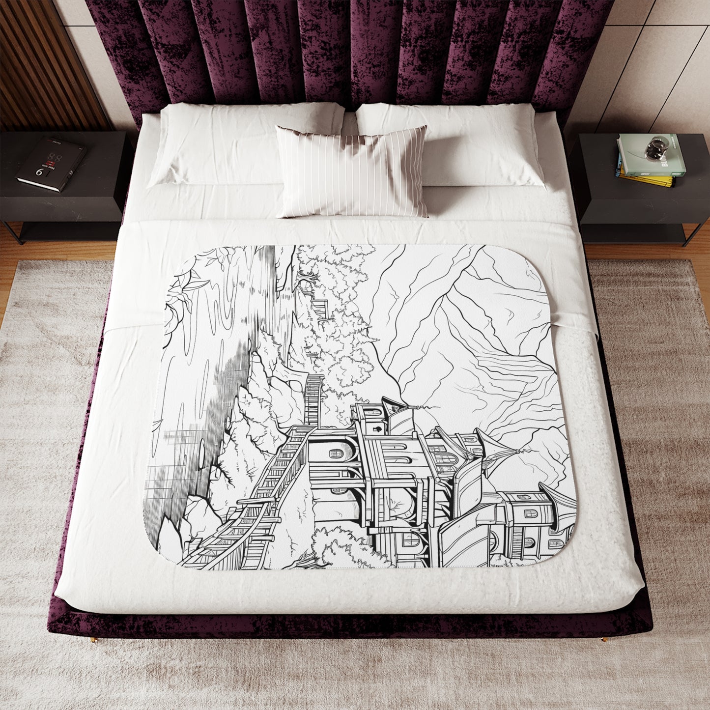 Blanket Coloring Kit with 10 Fabric Markers - Mountain Landscape with Building