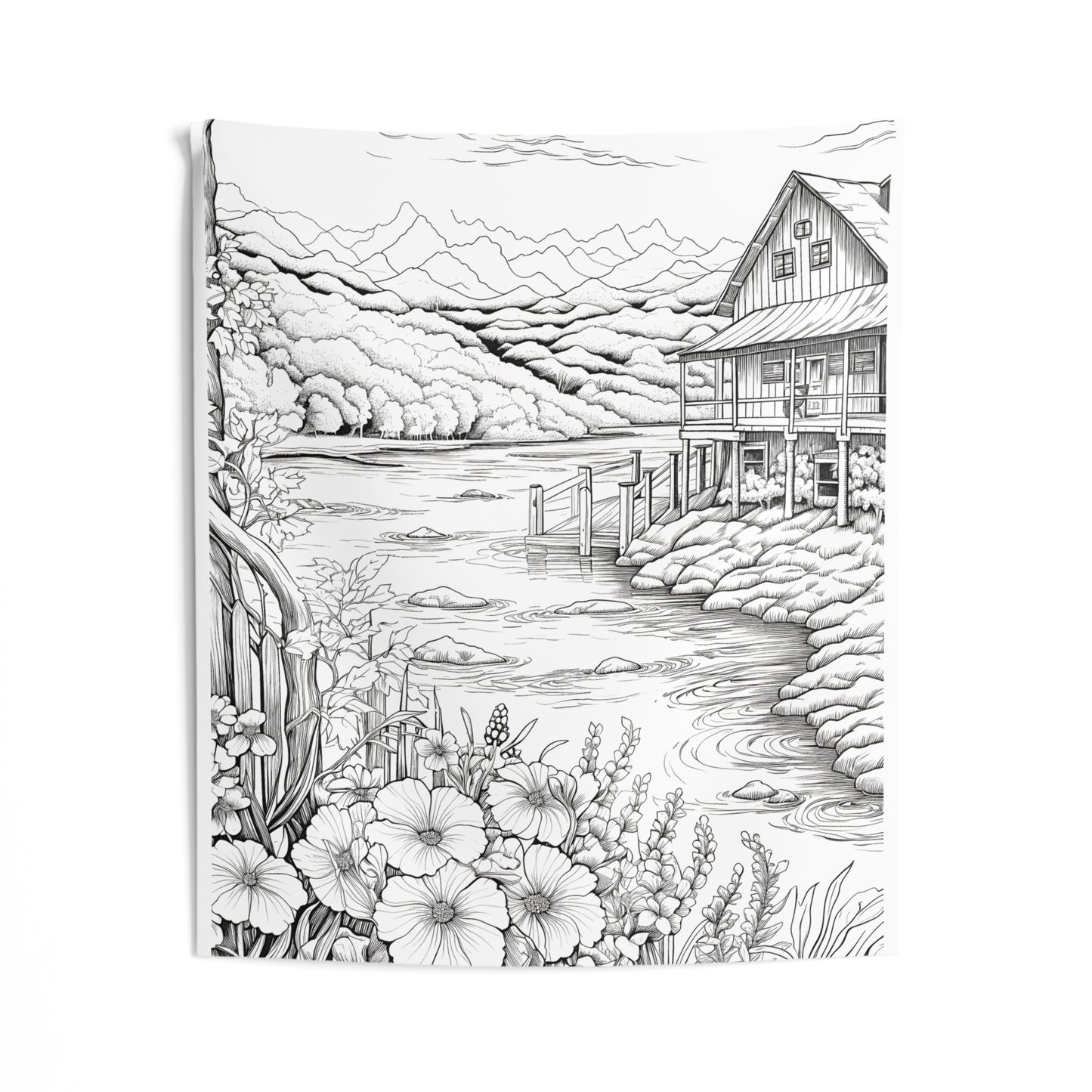 Indoor Wall Tapestries Coloring Kit with 10 Fabric Markers - Lakeside Cabin