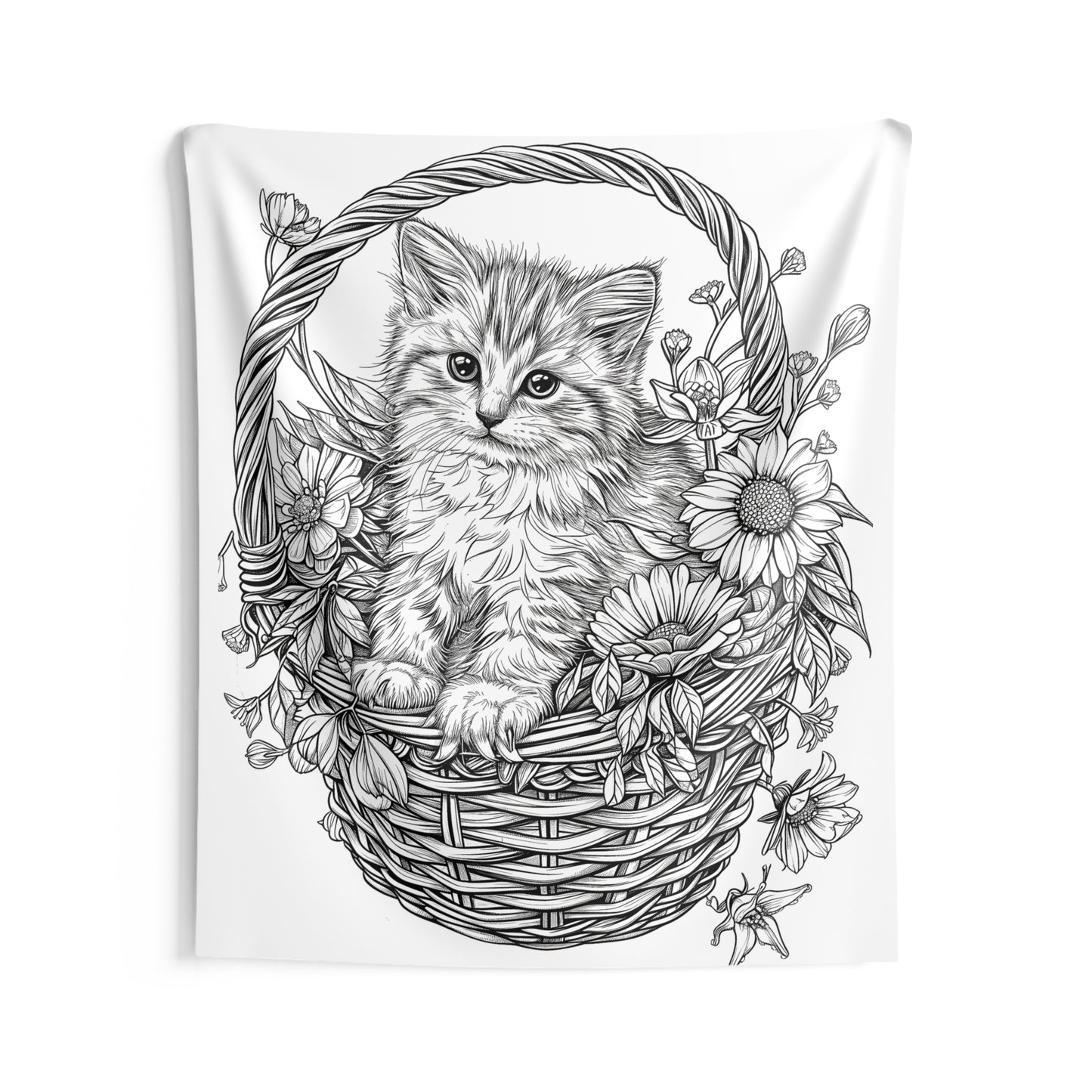 Indoor Wall Tapestries Coloring Kit with 10 Fabric Markers - Kitten in a basket