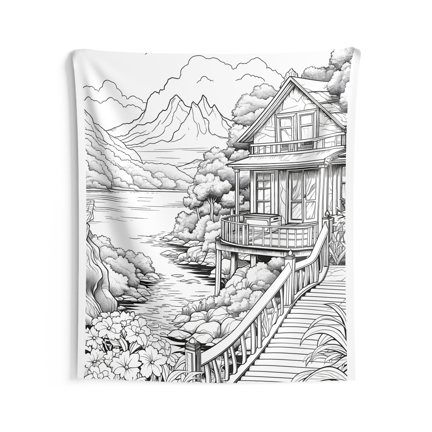 Indoor Wall Tapestries Coloring Kit with 10 Fabric Markers - Mountain Landscape with House