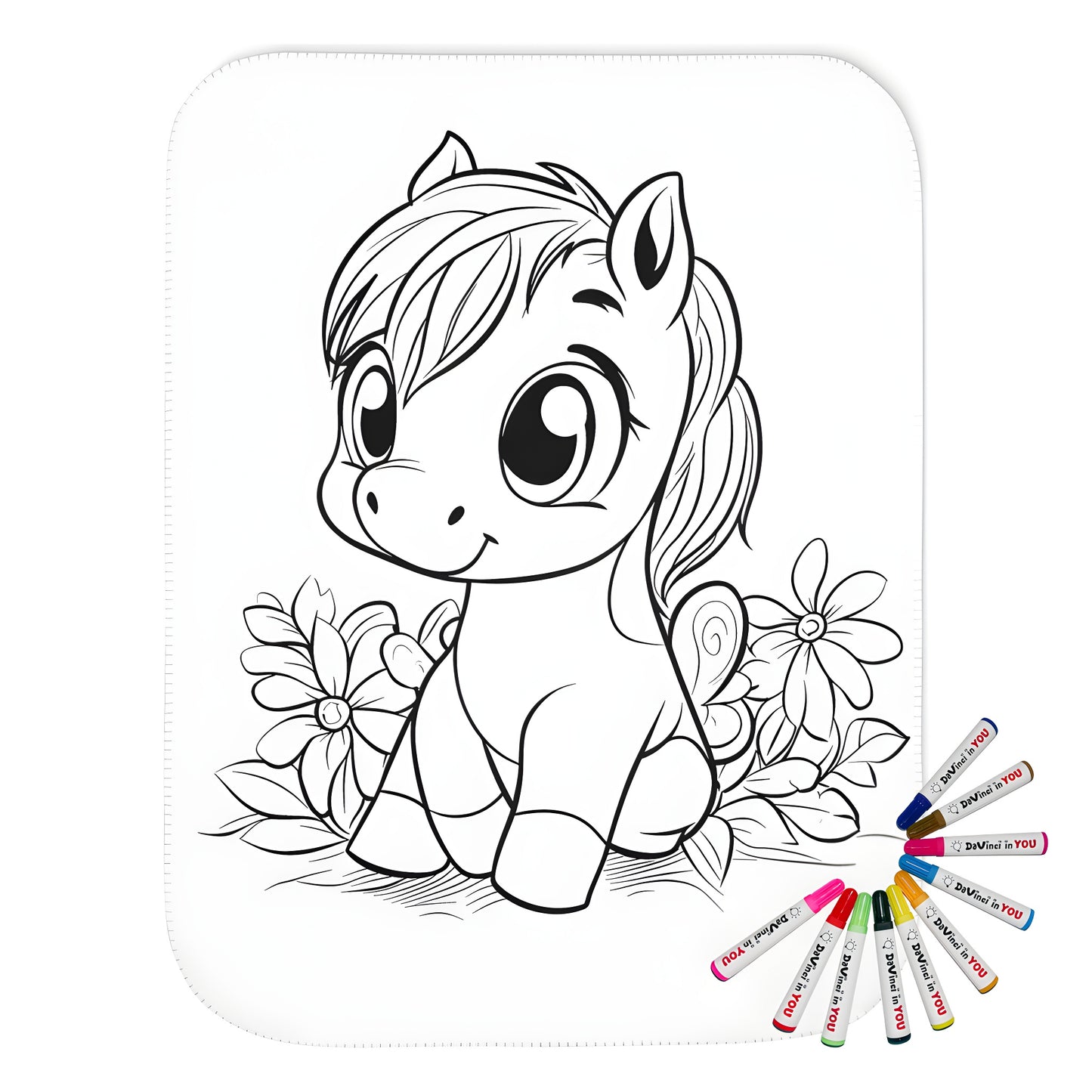 Coloring blanket featuring a delightful pony with big eyes and a smiling face, amidst colorful flowers. Perfect for kids' creativity and relaxation.