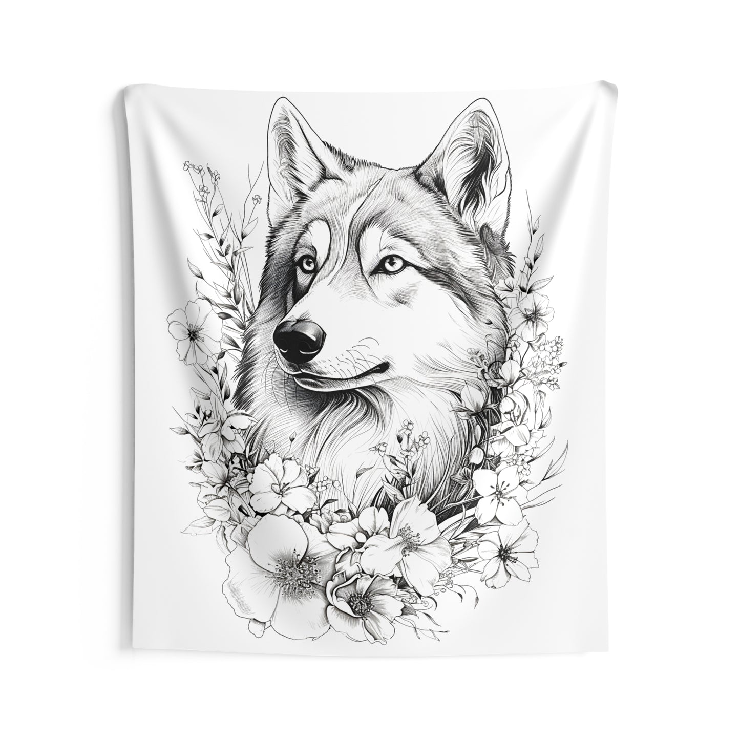 Indoor Wall Tapestries Coloring Kit with 10 Fabric Markers - Wolf with Flowers