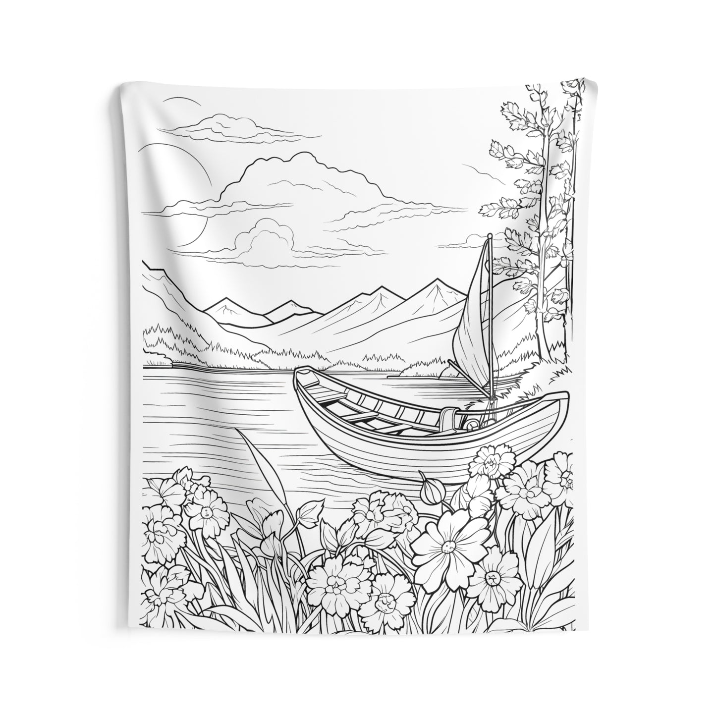 Indoor Wall Tapestries Coloring Kit with 10 Fabric Markers - Lakeside with Boat and Flowers