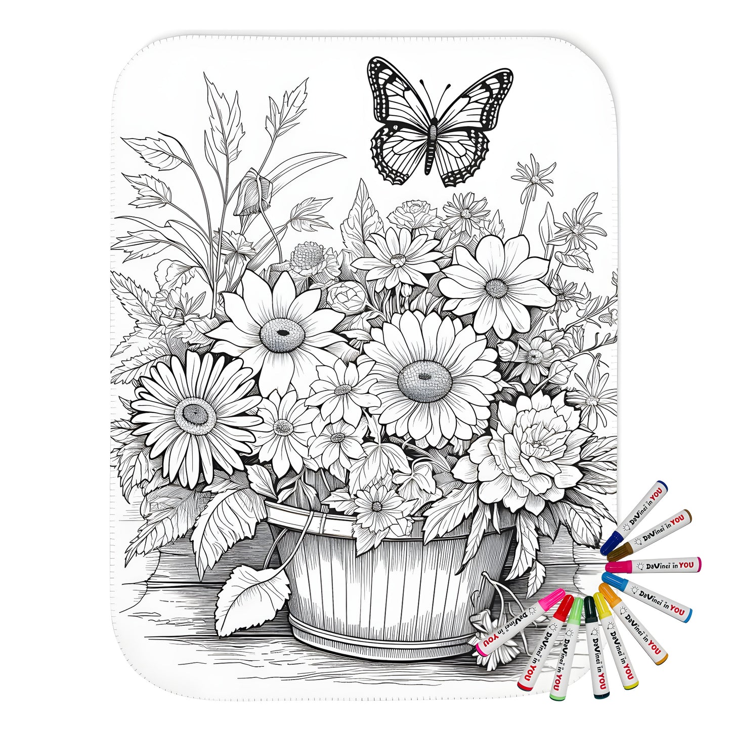 Colorful blanket featuring a detailed line art illustration of flowers and butterflies, perfect for adult coloring.