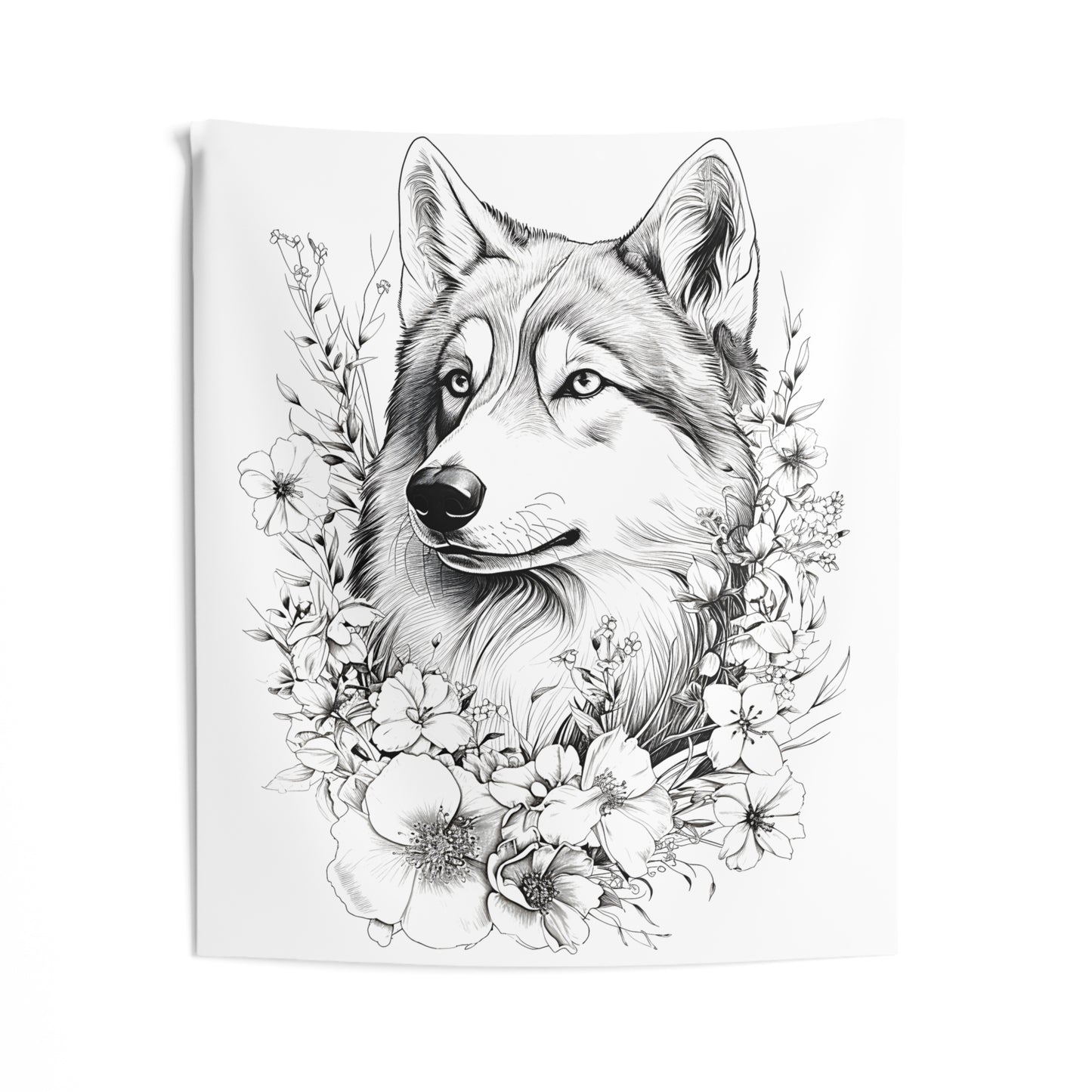 Indoor Wall Tapestries Coloring Kit with 10 Fabric Markers - Wolf with Flowers