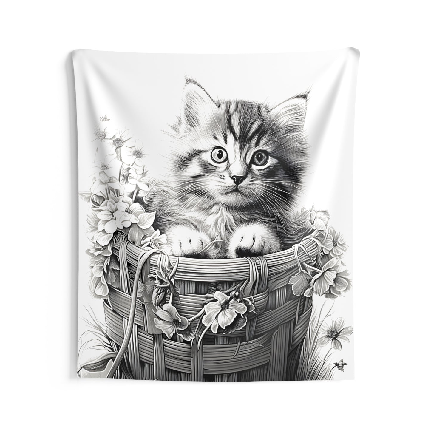 Indoor Wall Tapestries Coloring Kit with 10 Fabric Markers - Kitten in a Basket