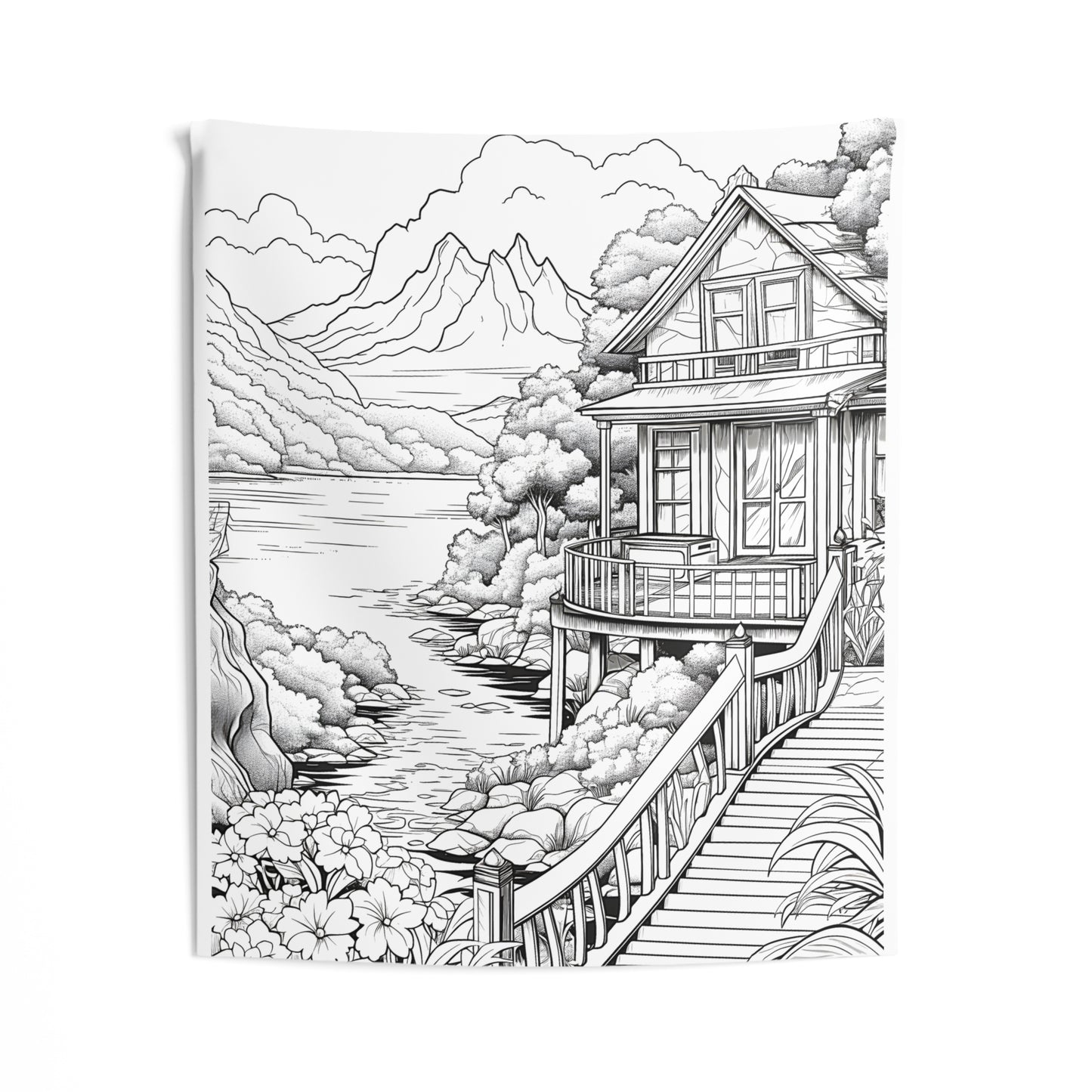 Indoor Wall Tapestries Coloring Kit with 10 Fabric Markers - Mountain Landscape with House