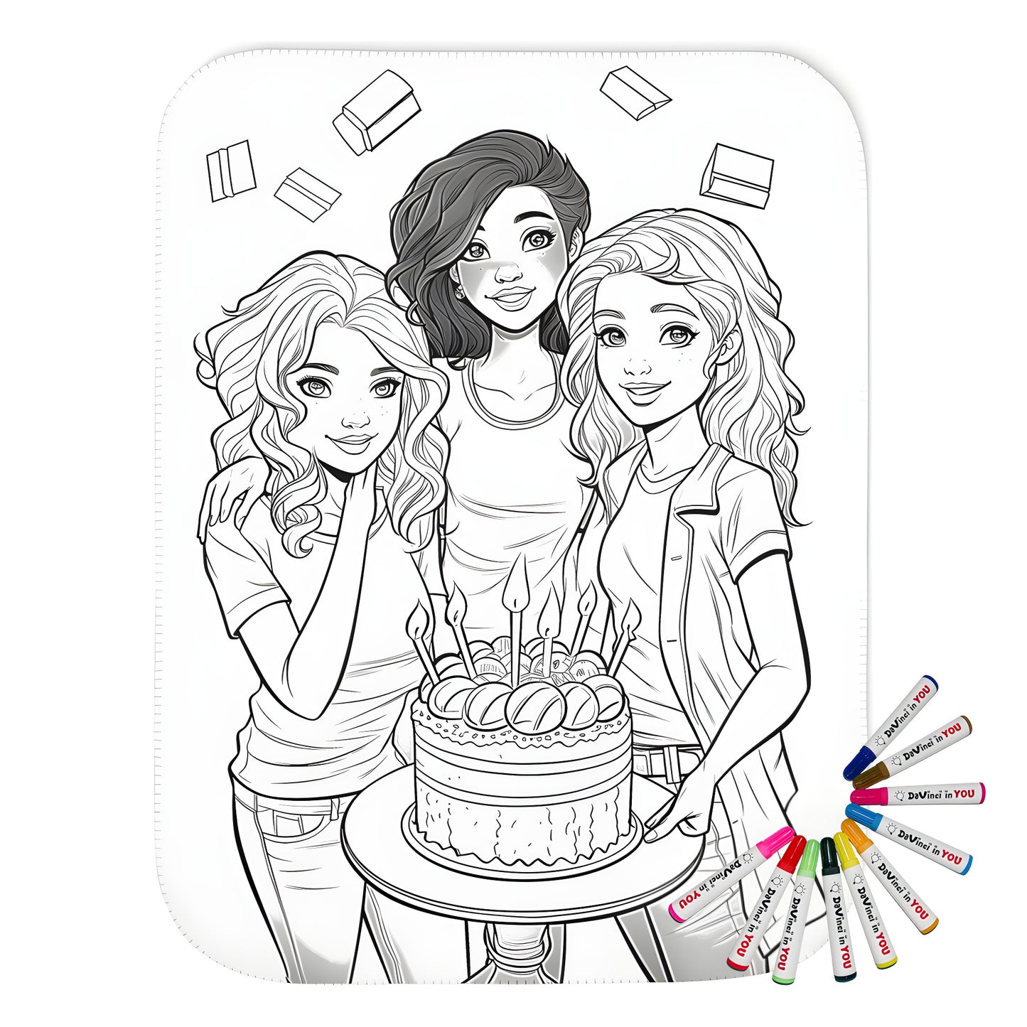 Colorful blanket with a birthday celebration theme featuring three happy girls surrounded by candles, cake, and floating chocolates