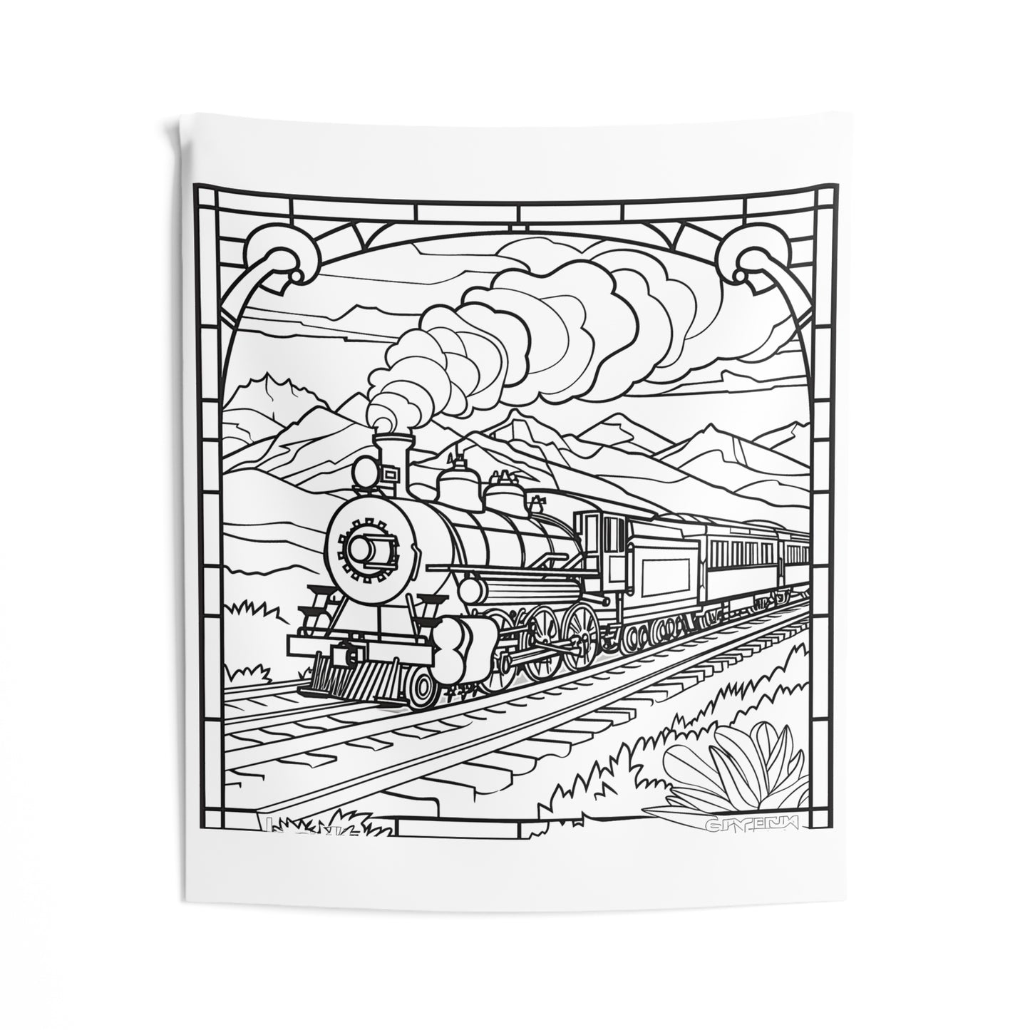 Indoor Wall Tapestries Coloring Kit with 10 Fabric Markers - Steam Train with Mountains