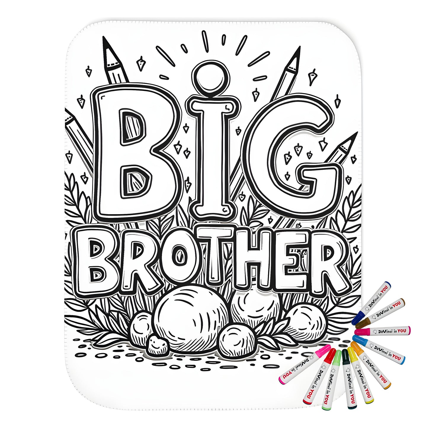 Cozy blanket with brotherly love theme, features a cute black and white illustration of 'Big Brother' surrounded by art supplies, perfect for sibling bedrooms