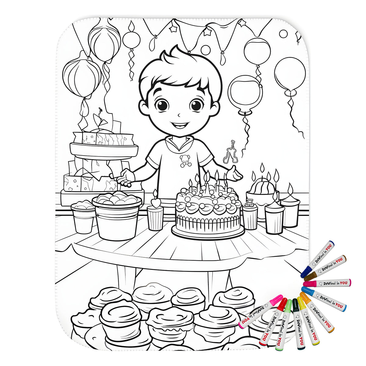 Birthday celebration blanket with colorful design featuring boy at party with cake, candles, gifts, balloons, cupcakes and banners.