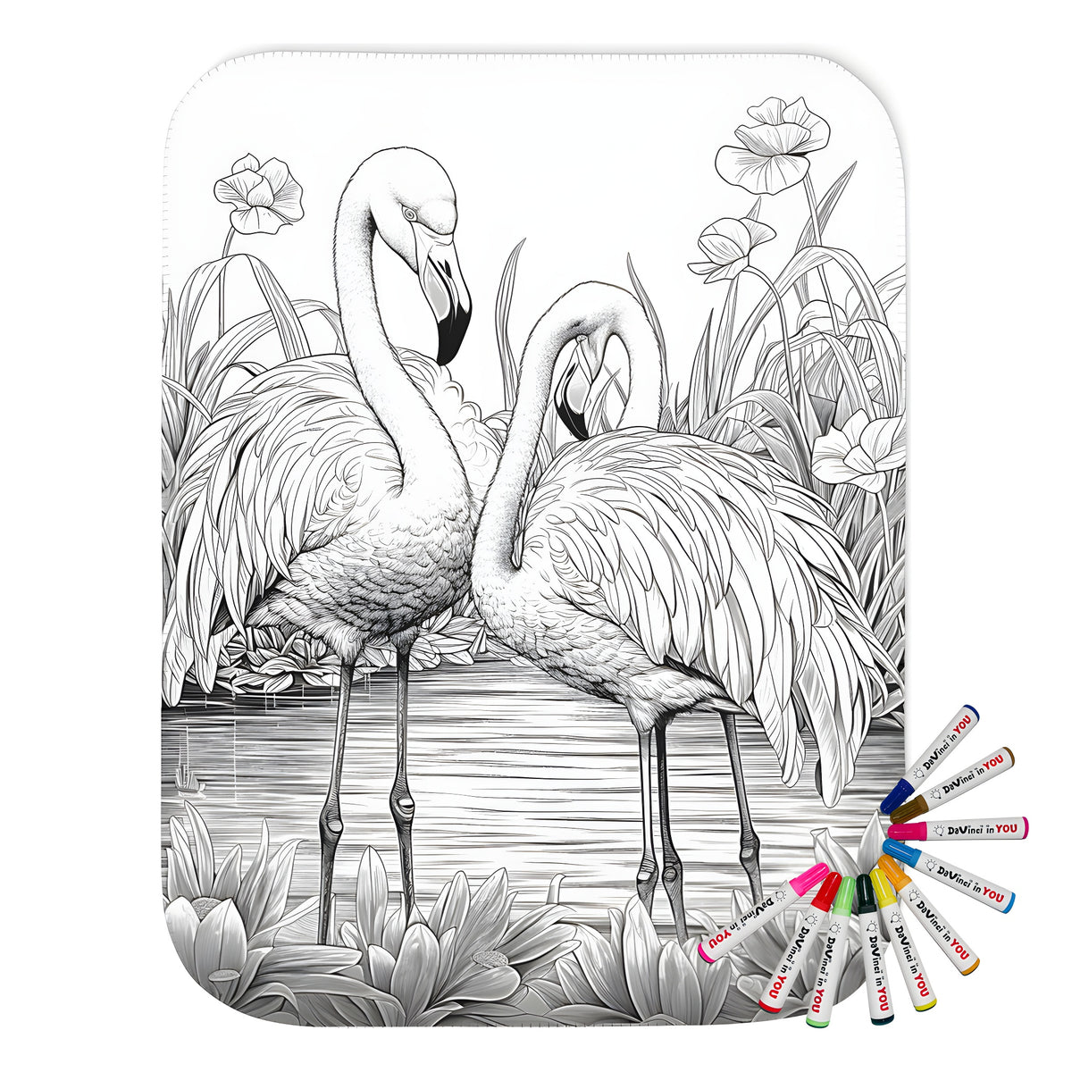 Colorful flamingo themed blanket featuring two birds standing in a pond surrounded by flowers and plants
