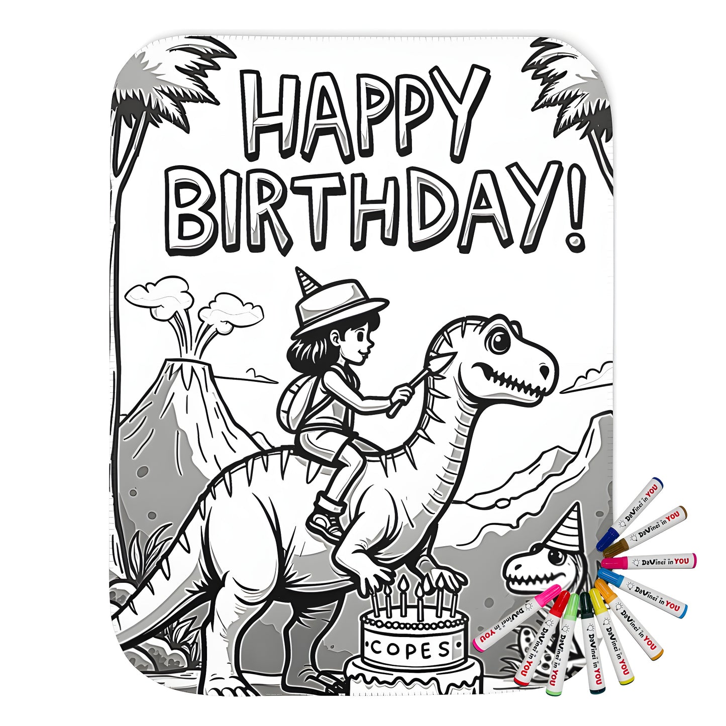 Cozy blanket with vibrant coloring page design of dinosaurs celebrating birthdays in a jungle setting