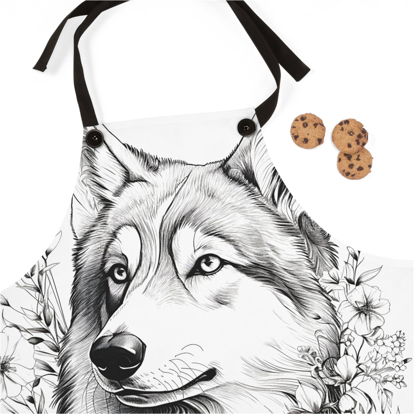 Apron Coloring Kit with 10 Fabric Markers - Wolf with Flowers