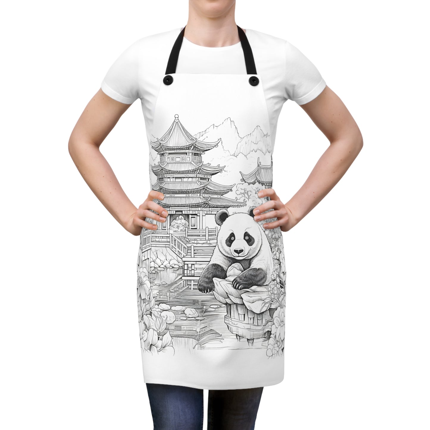 Apron Coloring Kit with 10 Fabric Markers - Panda and Traditional Architecture