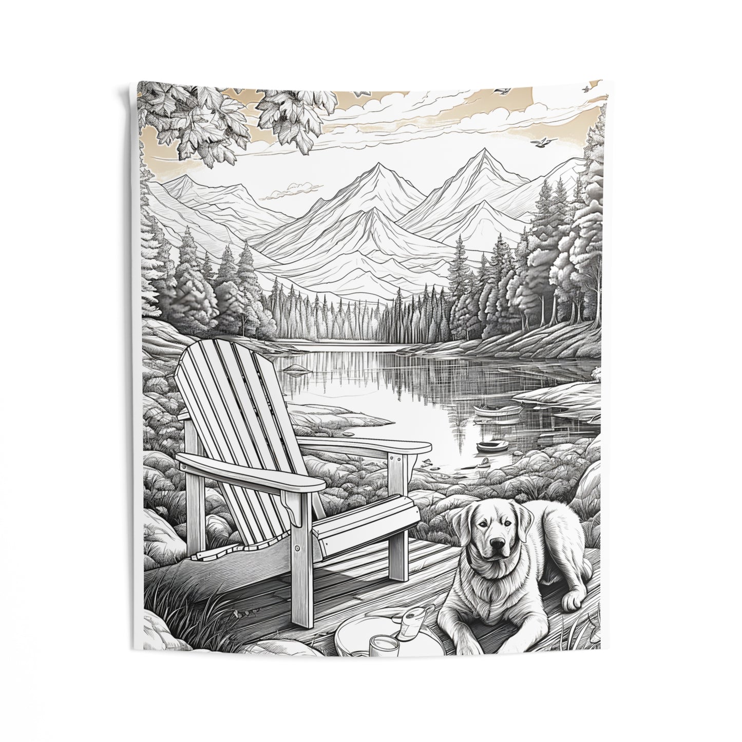 Indoor Wall Tapestries Coloring Kit with 10 Fabric Markers - Mountain Lake with Dog