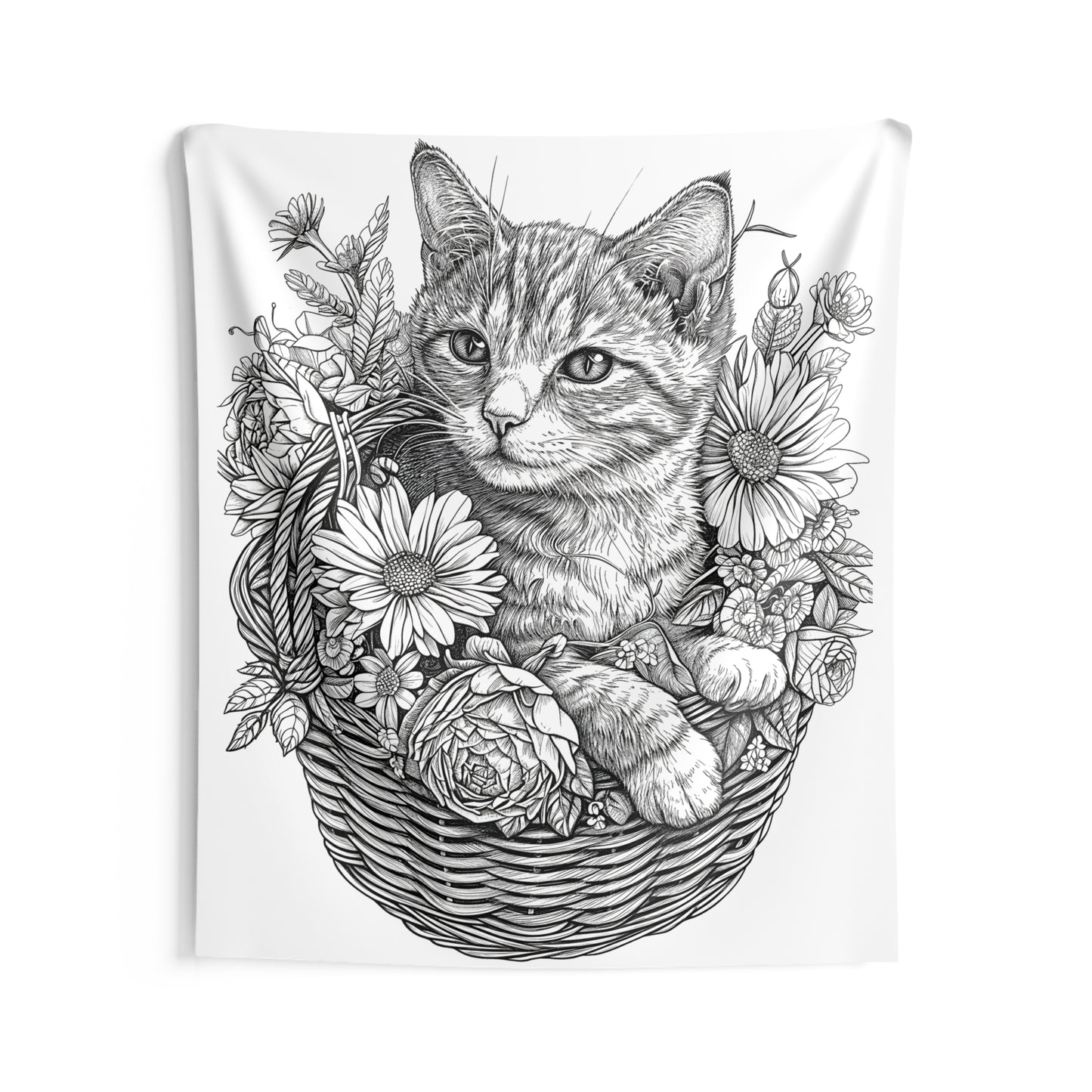 Indoor Wall Tapestries Coloring Kit with 10 Fabric Markers - Kitten with Flowers