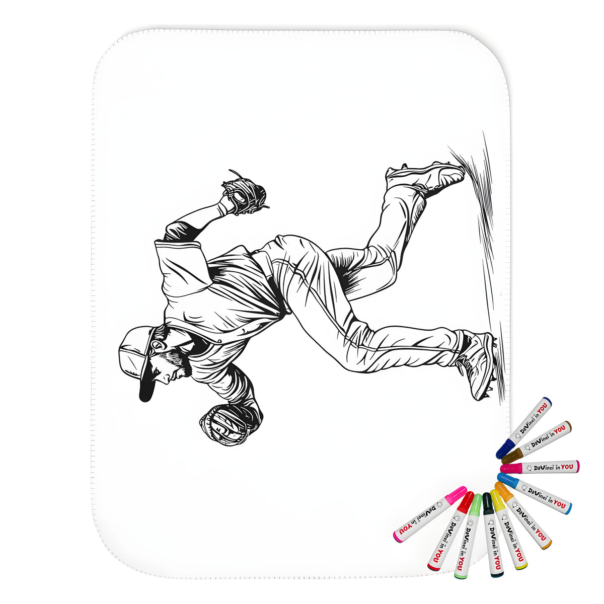 A cozy blanket featuring a black and white illustration of a baseball pitcher running, complete with a glove on one hand and dressed in a classic baseball uniform. Perfect for baseball fans and stadium goers alike.