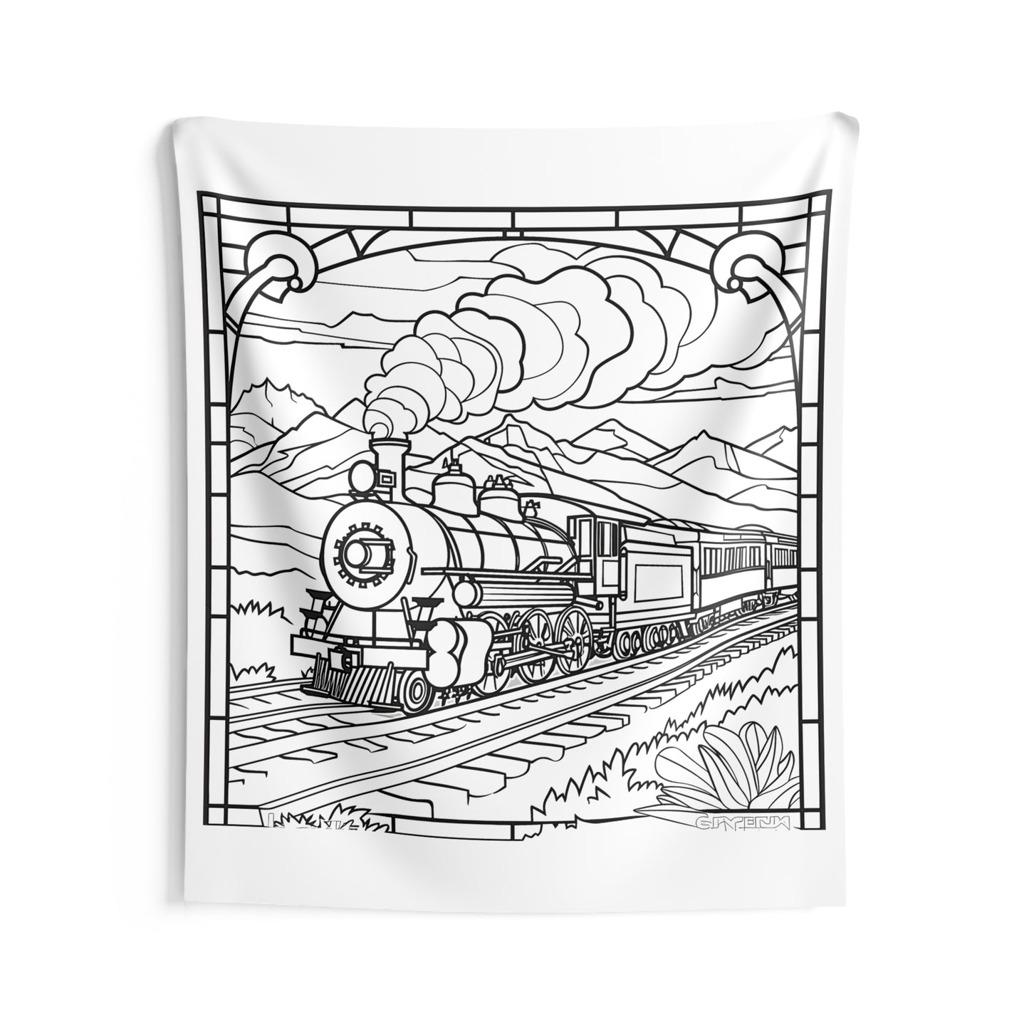 Indoor Wall Tapestries Coloring Kit with 10 Fabric Markers - Steam Train with Mountains