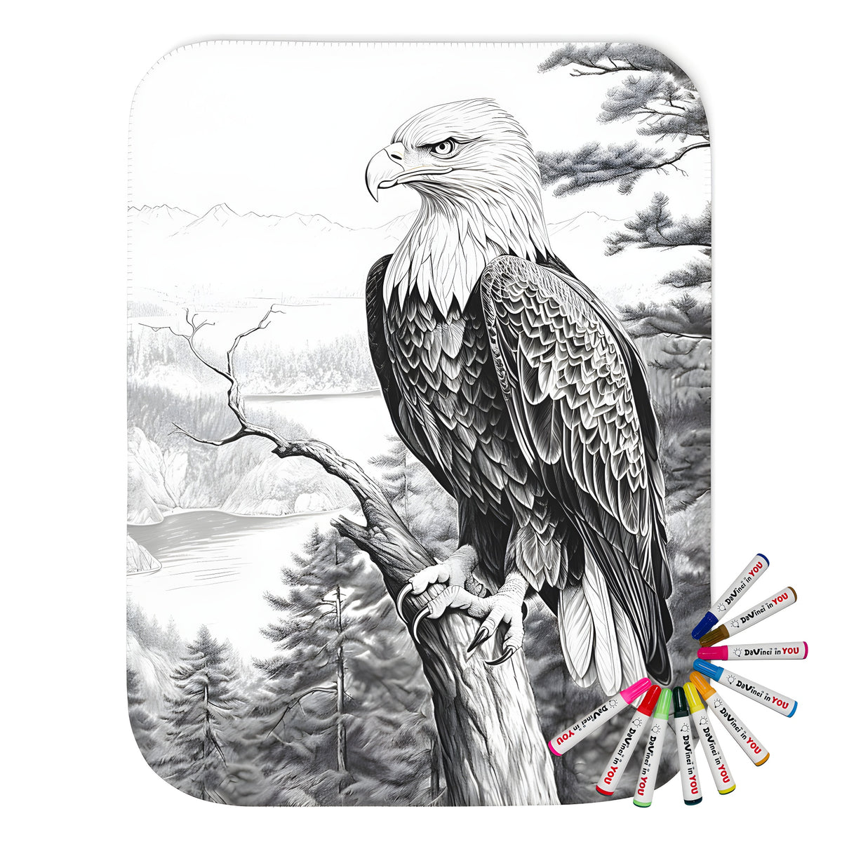 Blanket coloring kit featuring an eagle design, majestic bird perched on tree branch, mountains and forest background