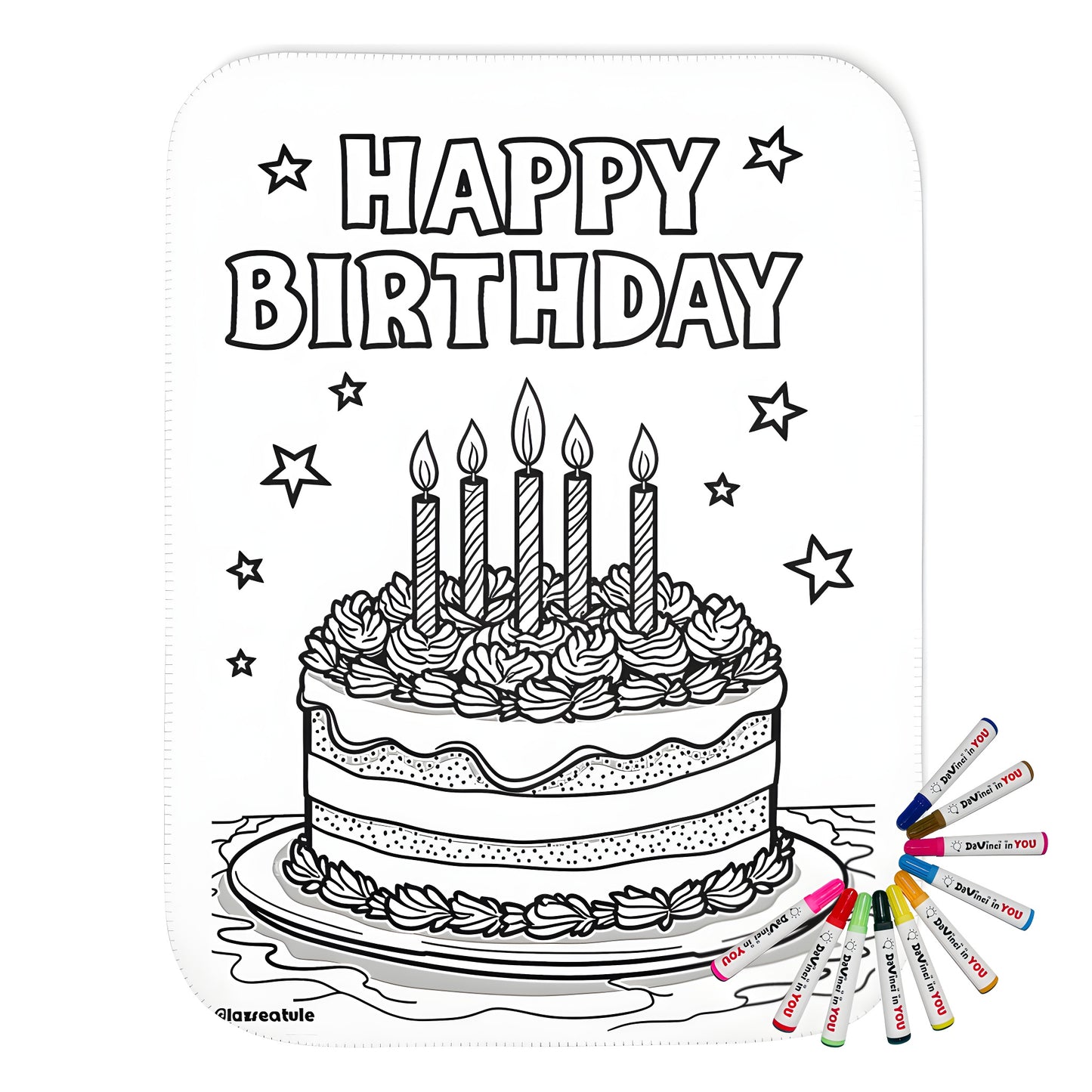 Birthday-themed blanket with colorful illustrations of cakes, candles, and 'Happy Birthday' text on a soft fabric background.