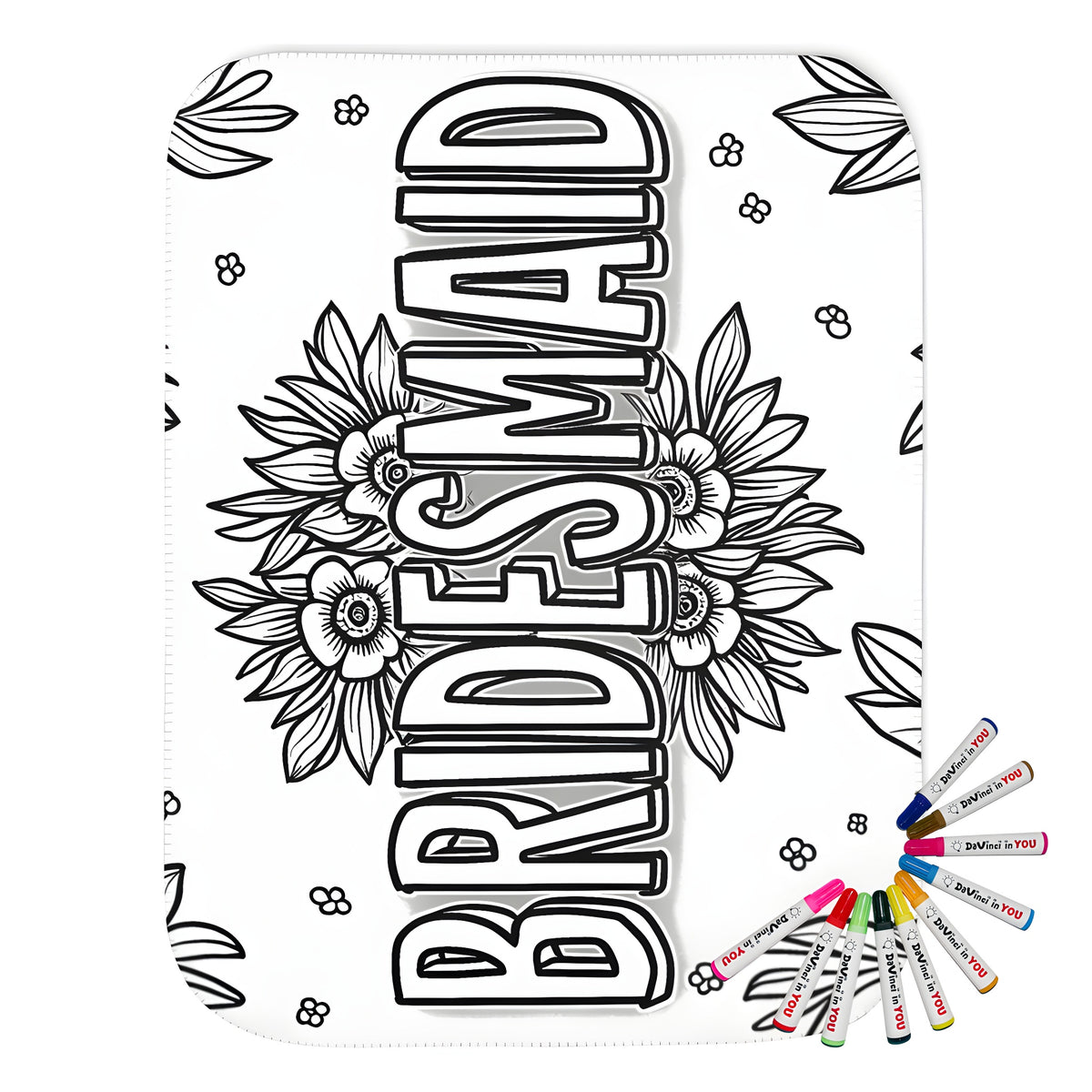 A beautiful blanket featuring a black and white floral illustration with the word 'BRIDESMAID' in bold letters, perfect for bridesmaids, maid of honor gifts, or a unique piece of home decor.