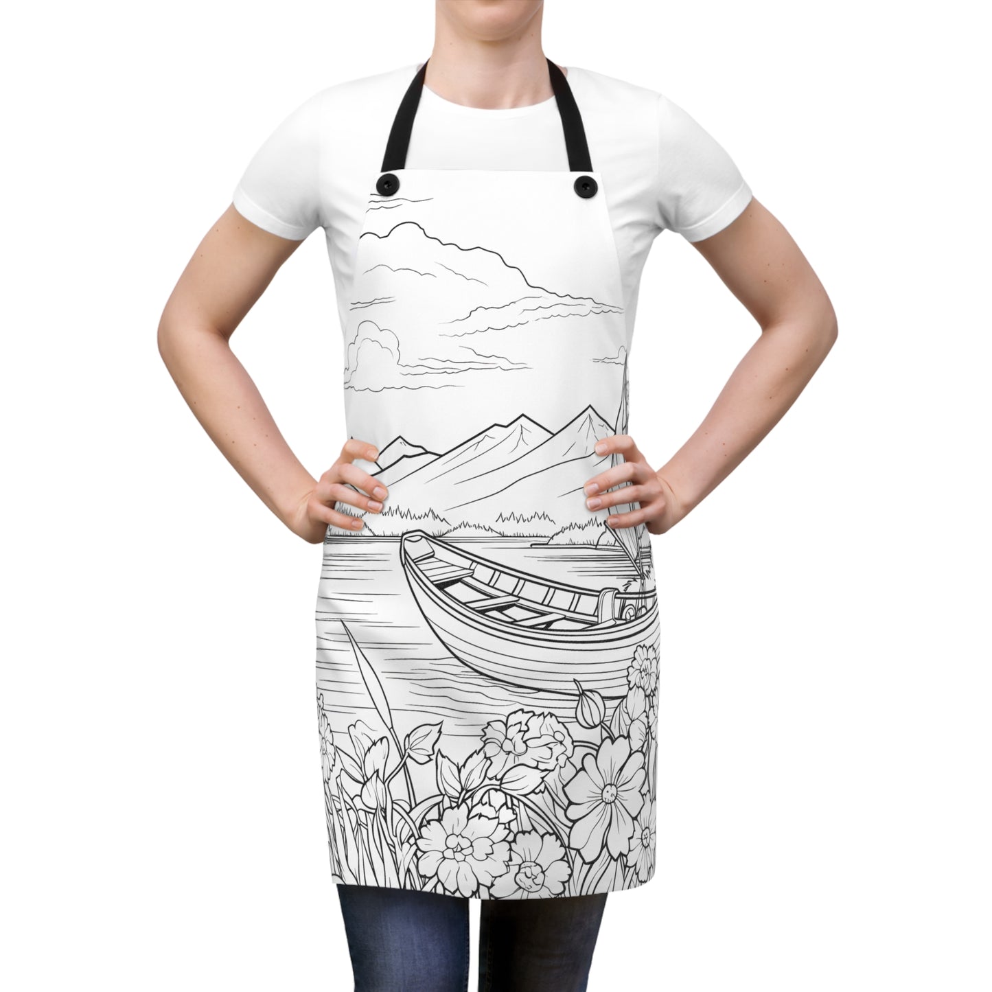 Apron Coloring Kit with 10 Fabric Markers - Lakeside with Boat and Flowers