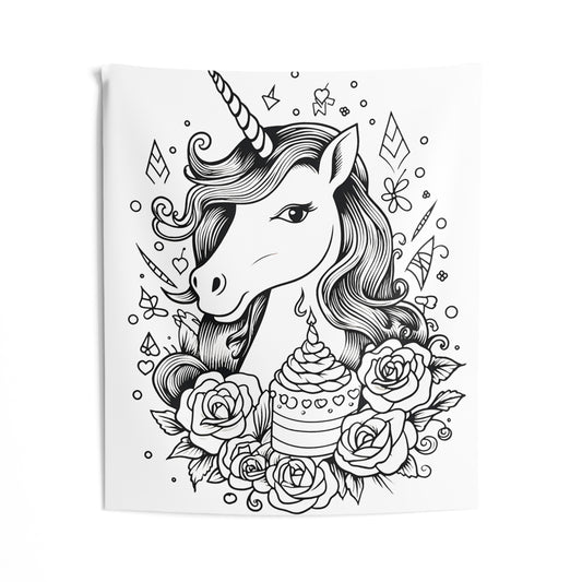 Indoor Wall Tapestries Coloring Kit with 10 Fabric Markers - Unicorn with Flowers and Birthday Cake