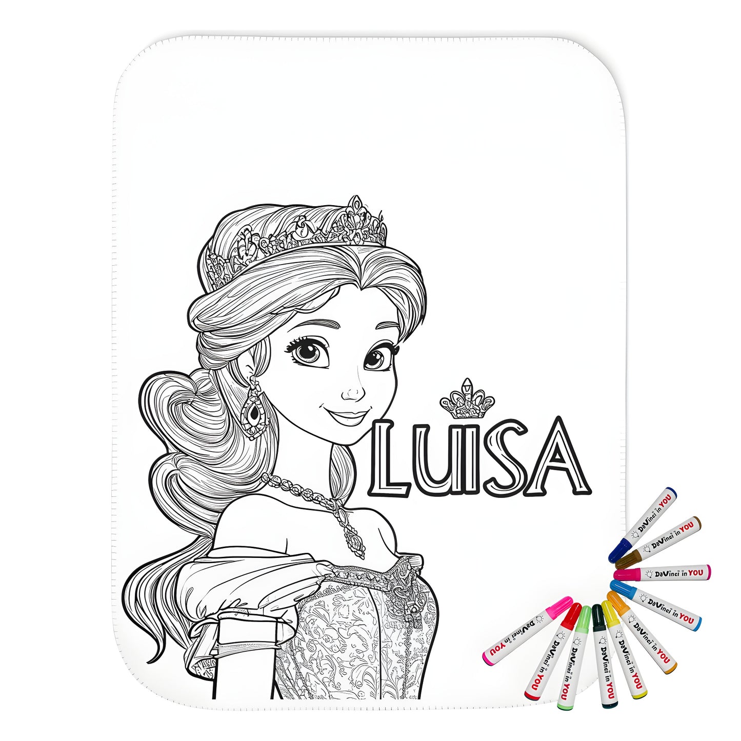 A beautiful princess portrait blanket for kids and adults alike, featuring a detailed coloring page of Princess Luisa wearing a tiara and an ornate dress