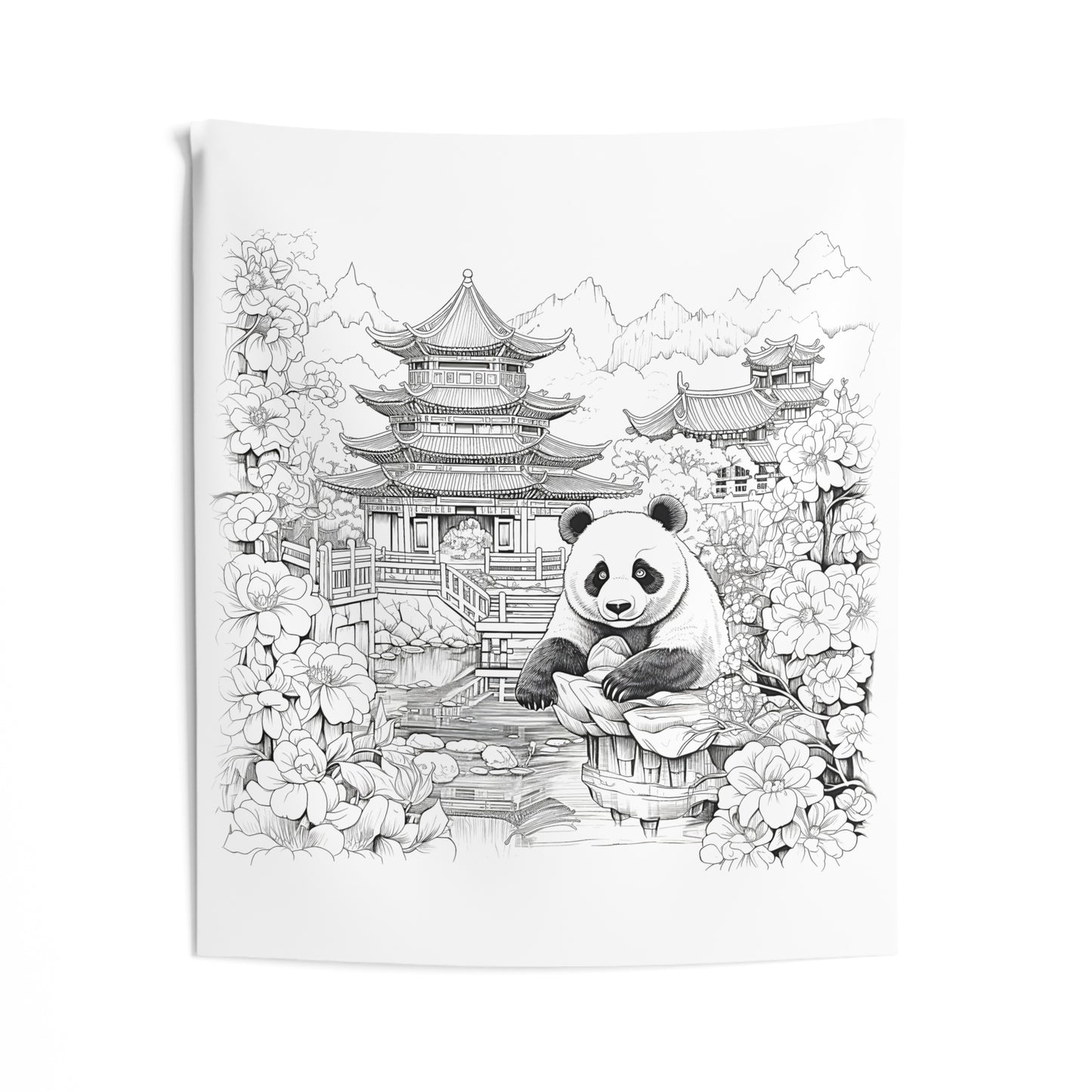 Indoor Wall Tapestries Coloring Kit with 10 Fabric Markers - Panda and Traditional Architecture