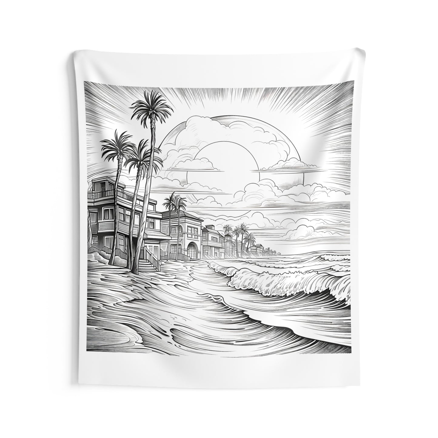 Indoor Wall Tapestries Coloring Kit with 10 Fabric Markers - Sunset at Beachfront Houses