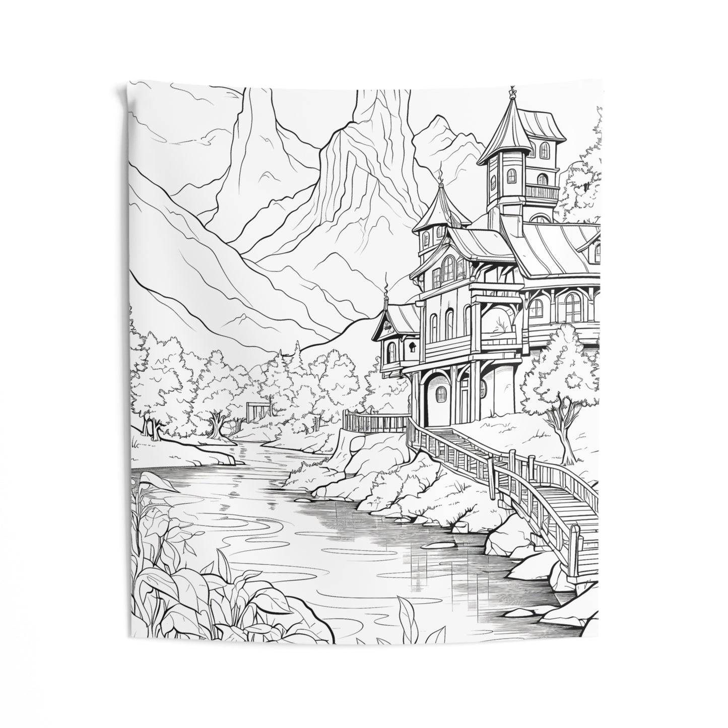 Indoor Wall Tapestries Coloring Kit with 10 Fabric Markers - Mountain Landscape with Building