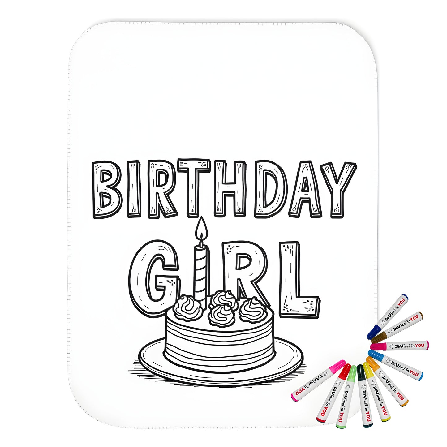 Colorful blanket with birthday girl design and birthday cake illustration