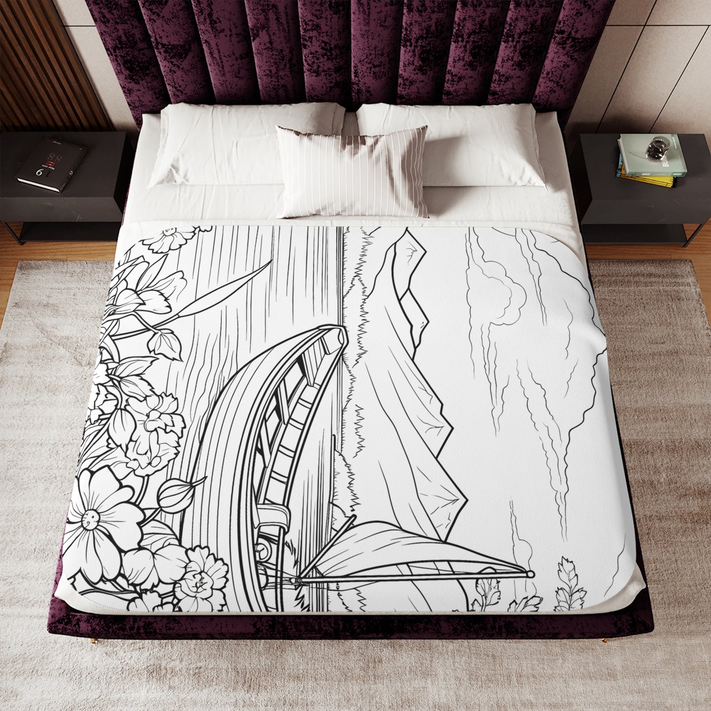 Blanket Coloring Kit with 10 Fabric Markers - Lakeside with Boat and Flowers