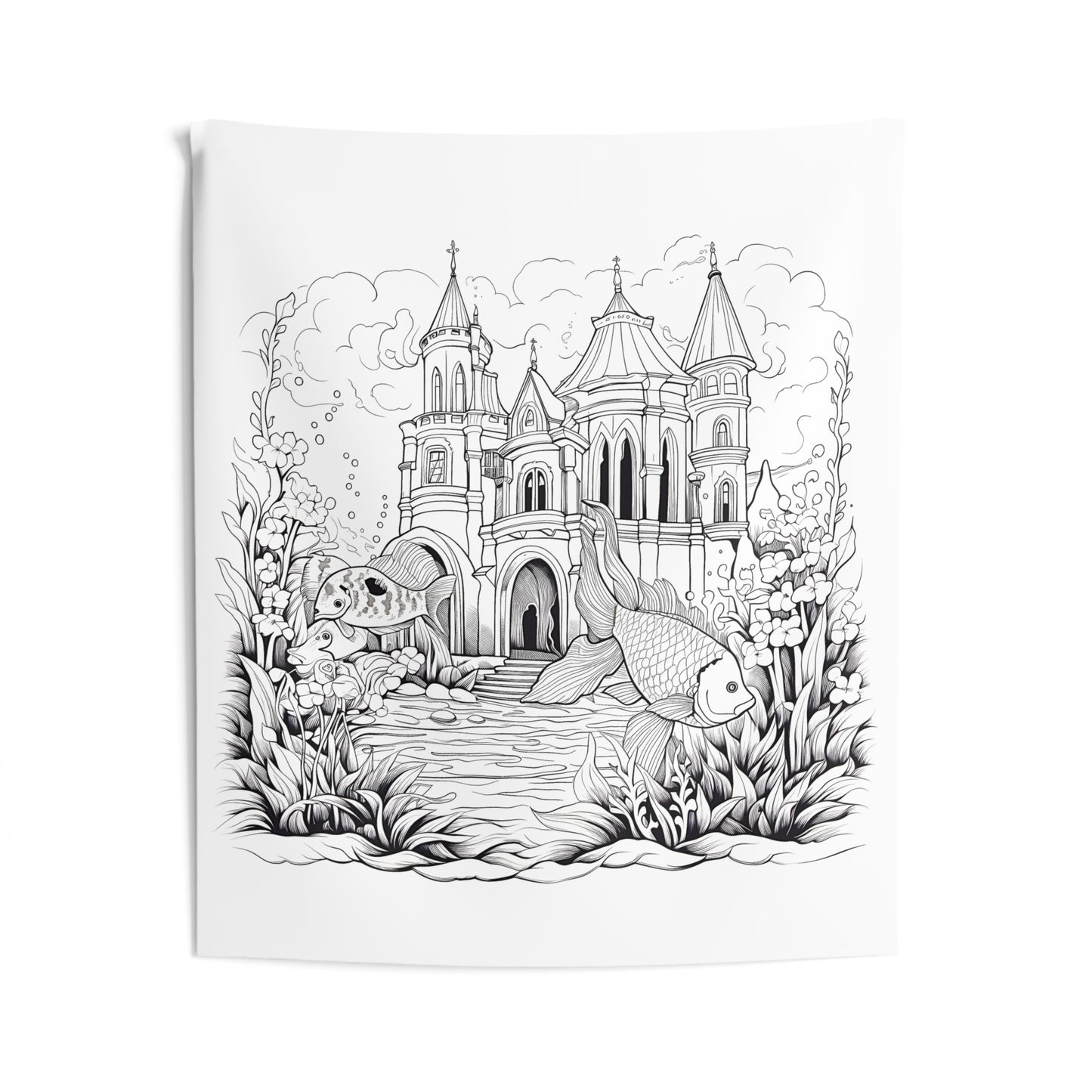 Indoor Wall Tapestries Coloring Kit with 10 Fabric Markers - Castle with Fish/Underwater