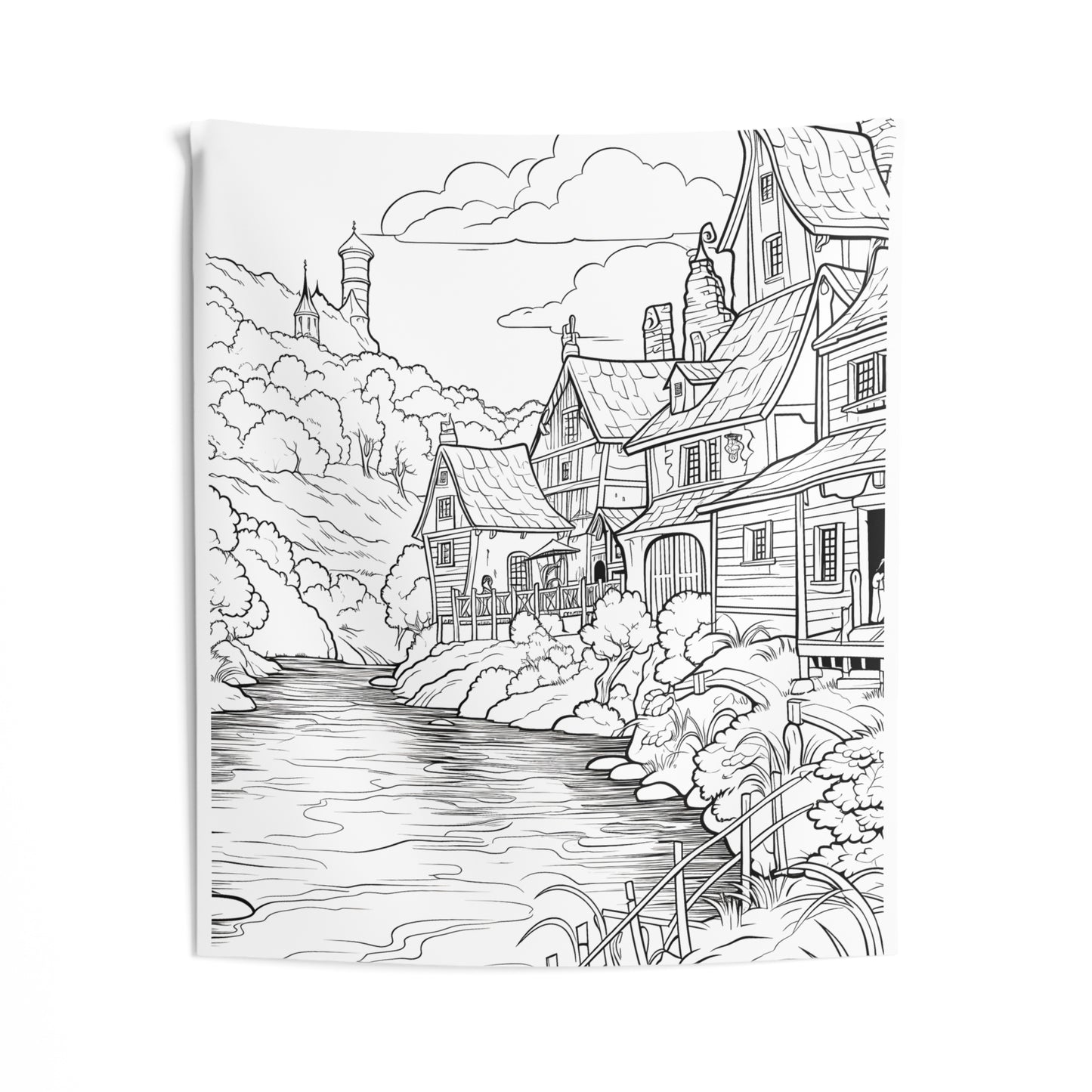 Indoor Wall Tapestries Coloring Kit with 10 Fabric Markers - Village by the River