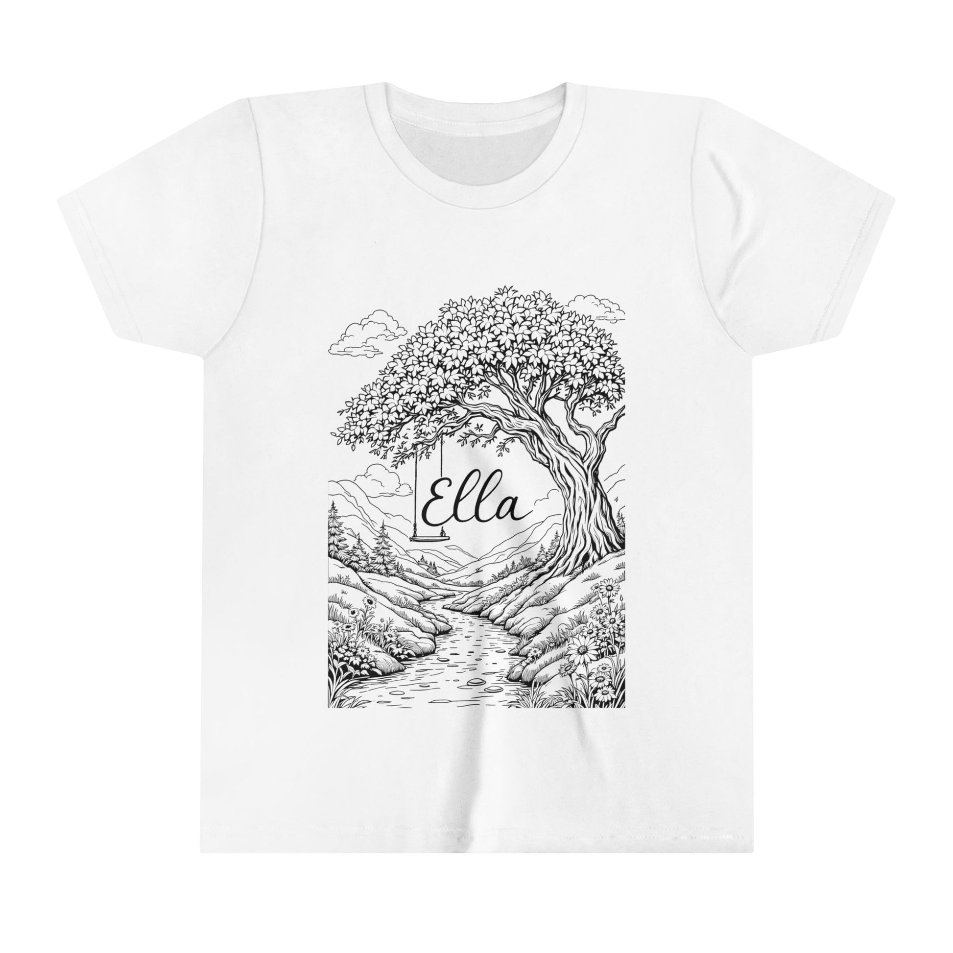 A white t-shirt featuring a black and white illustration of a tree on a hill with the name "ELLA" below it, set against a natural landscape background.