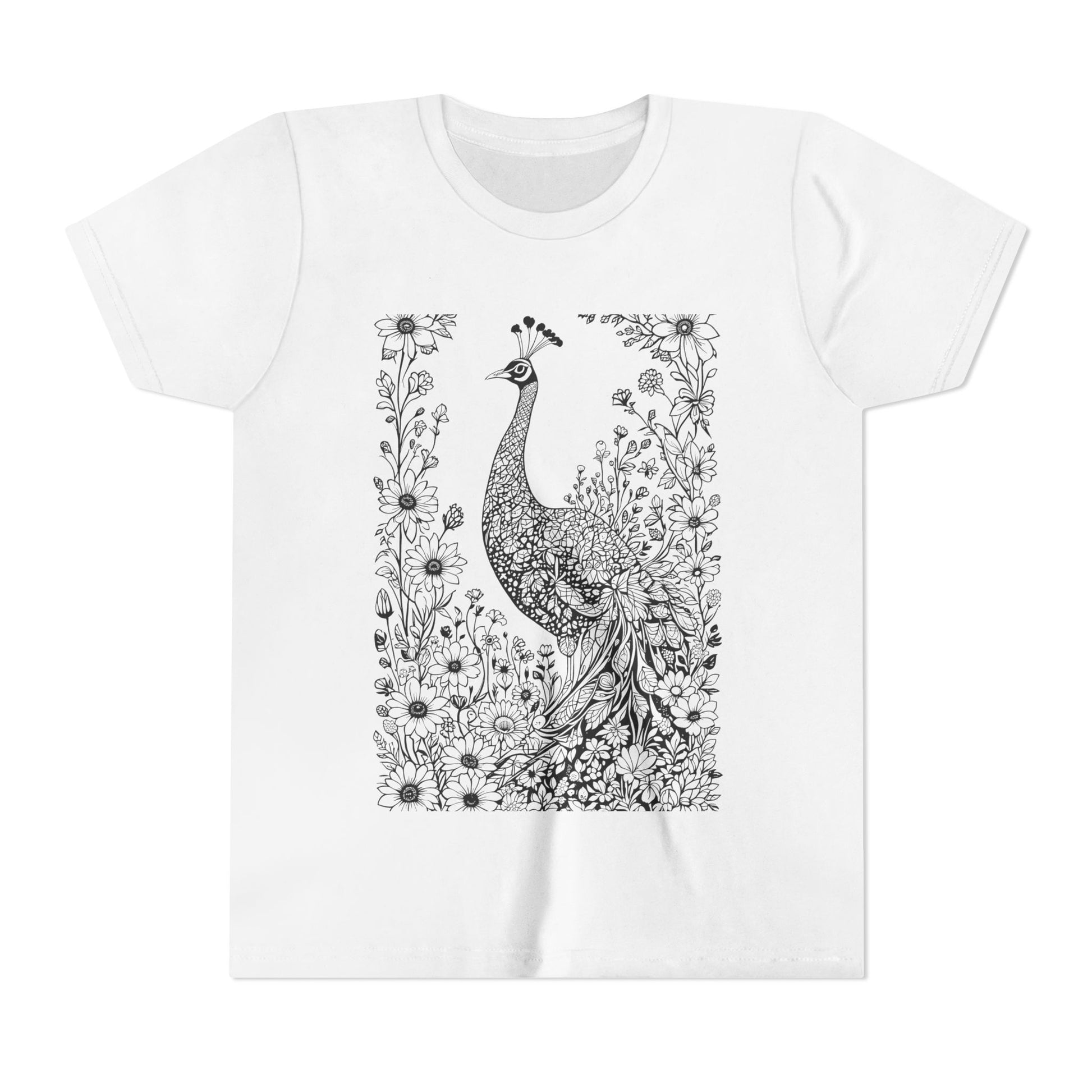 "White T-shirt with a black and white peacock design featuring intricate patterns"